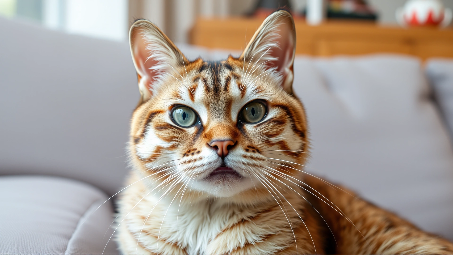 A cat with mildly swollen muzzle and watery eyes sitting on a couch, illustrating an allergic reaction