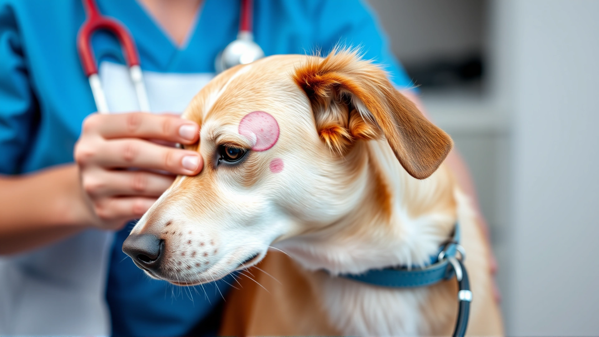 Dog with mild facial swelling being examined by a veterinarian wearing stethoscope, illustrating an allergic reaction scenario