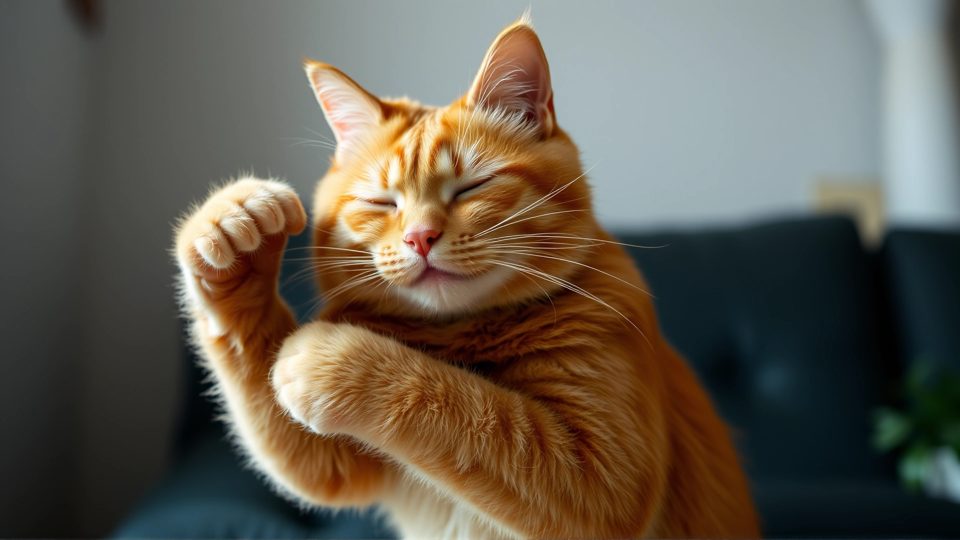 A ginger cat scratching its neck with hind leg, indicating itching due to allergies; indoor environment.