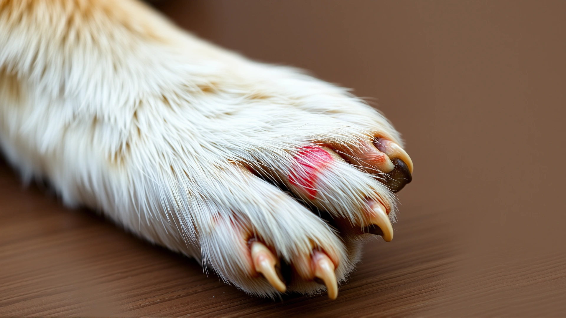 Macro shot of dog paw with slight redness between toes, hinting at allergic reaction