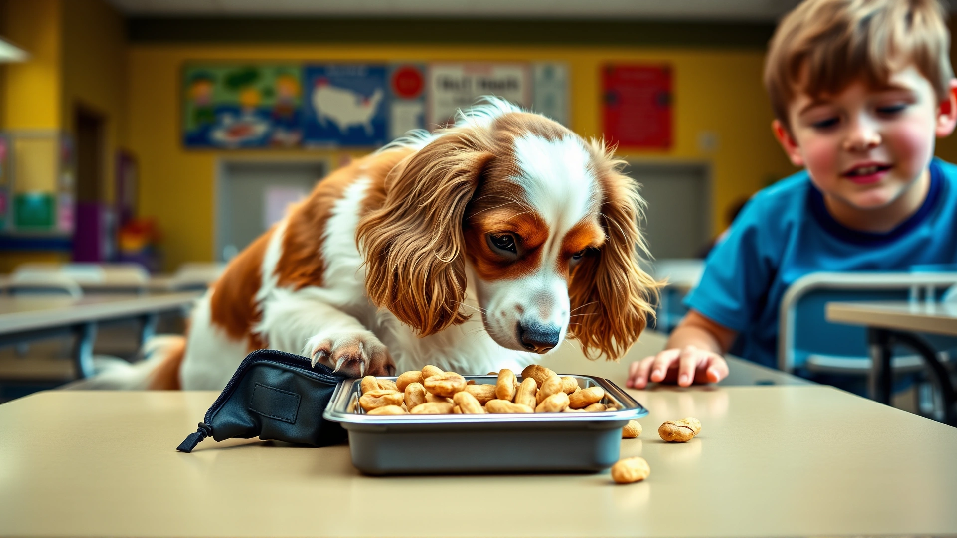 Spaniel sniffing a lunch box on a school cafeteria table and alerting a child about peanuts, vibrant colors.