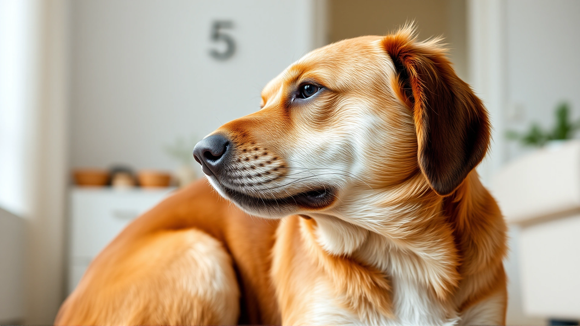 Brown dog sitting and scratching its neck, illustrating allergic reaction, neutral home background