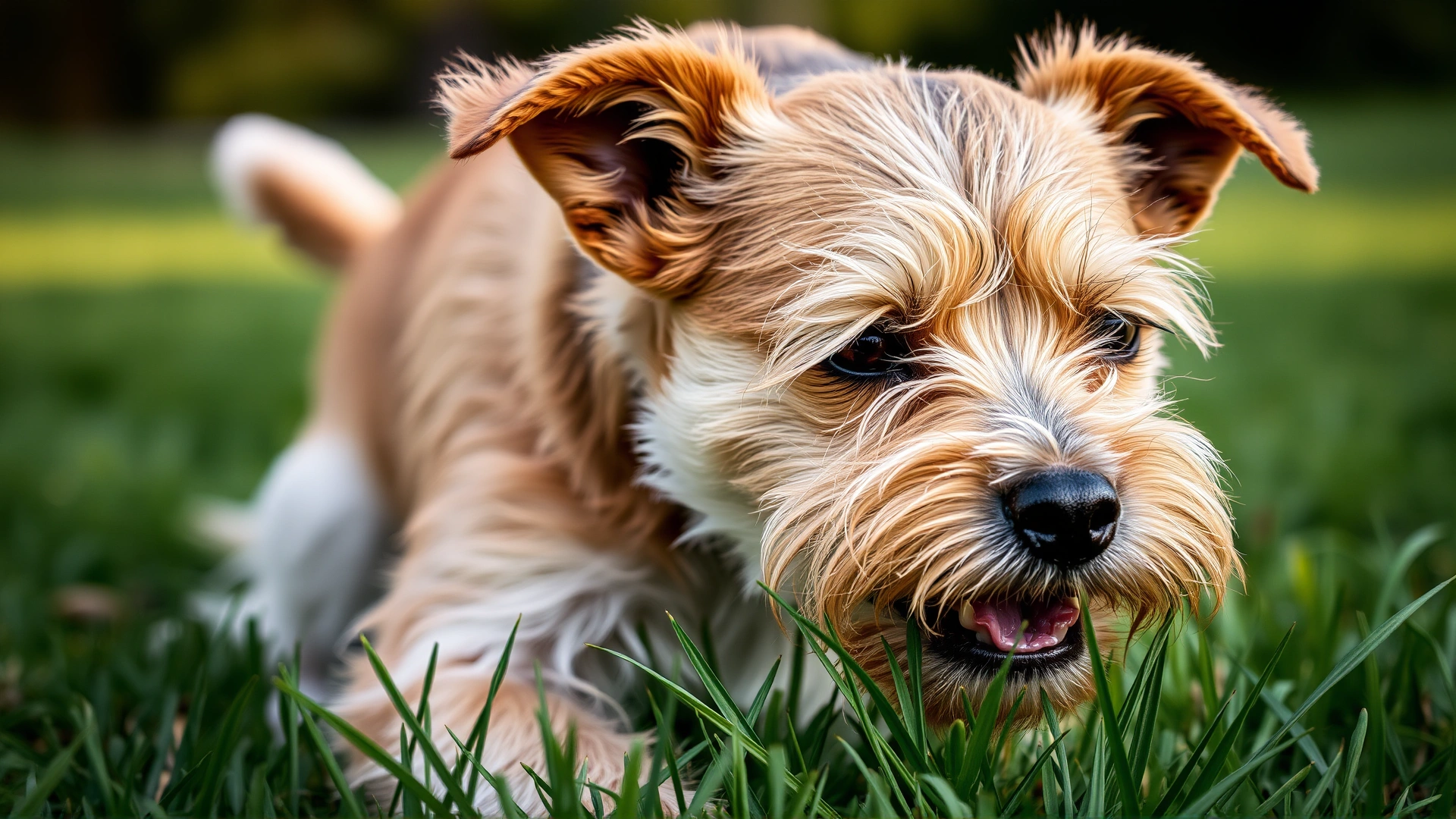 Outdoor image of a terrier rubbing its face in the grass, capturing environmental allergens as a cause of red eyes.