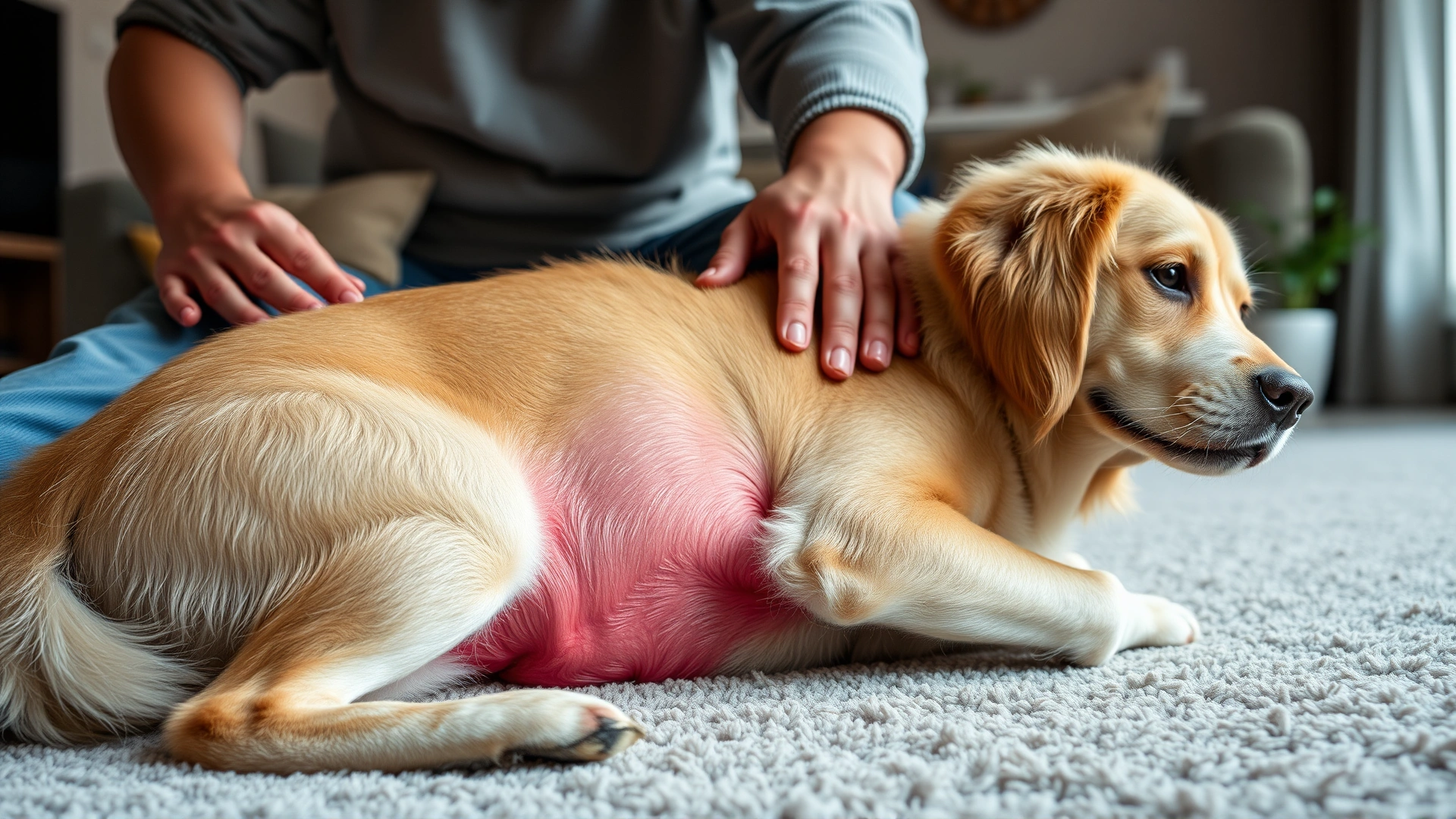 Dog with itchy red skin on its belly being comforted by its owner in a living room, representing allergic dermatitis