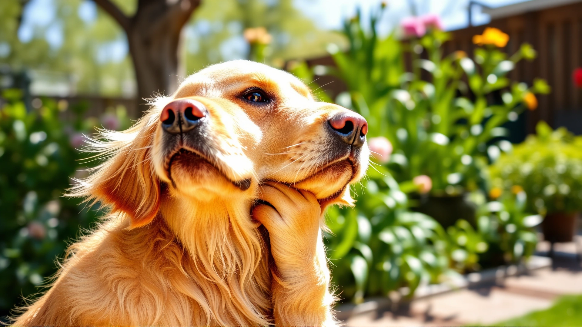 Golden retriever scratching its neck in a sunny garden, emphasize itching behavior