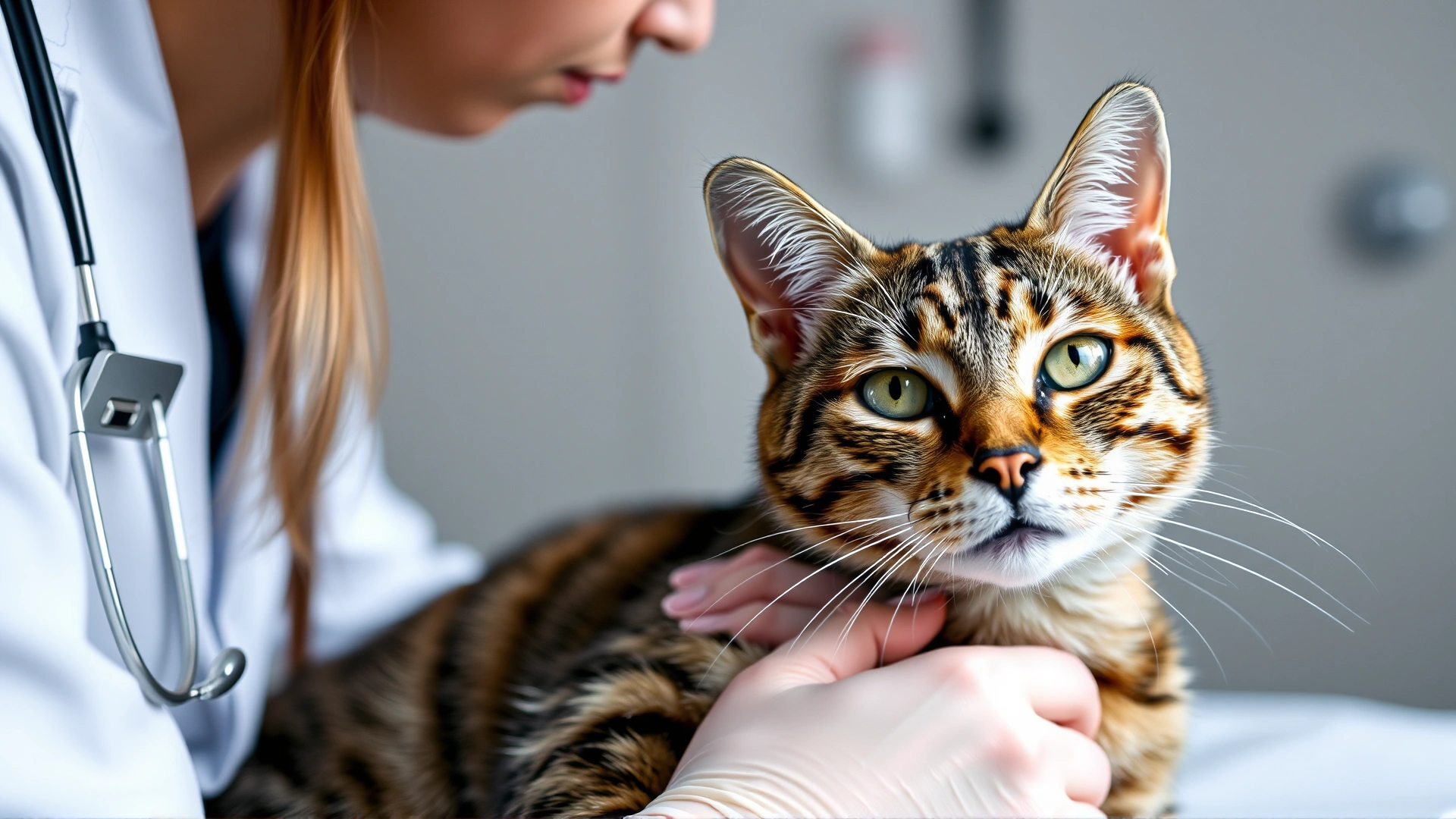 Veterinarian performing a skin allergy test on a calm tabby cat's shaved patch, clinic setting , soft lighting.