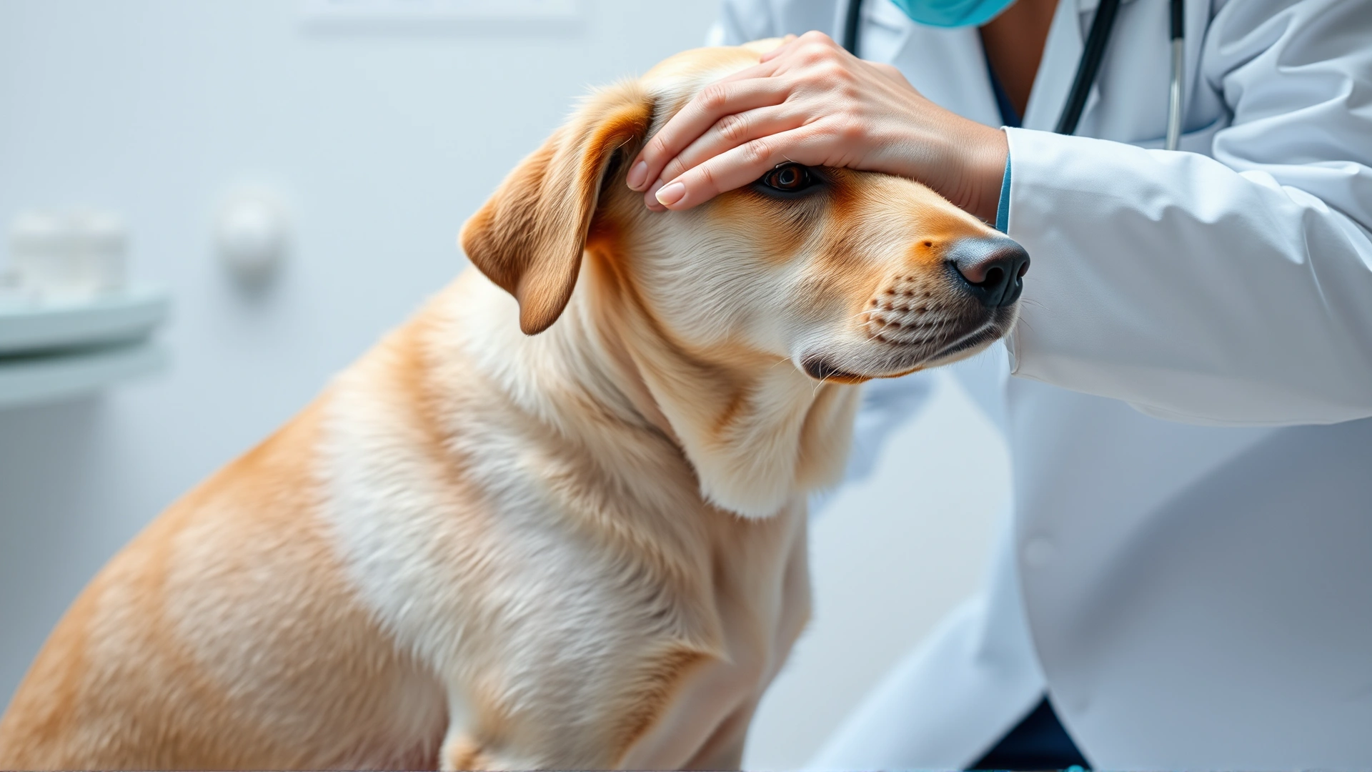 Veterinarian wearing white coat gently performing an intradermal skin test on a calm short-haired dog in a clinic setting, with small shaved patch on the dog’s side.