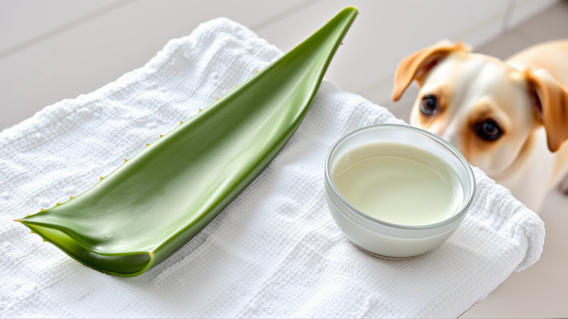 A freshly cut aloe vera leaf and a small bowl of clear gel on a white towel, with a dog looking curiously at it from the side.