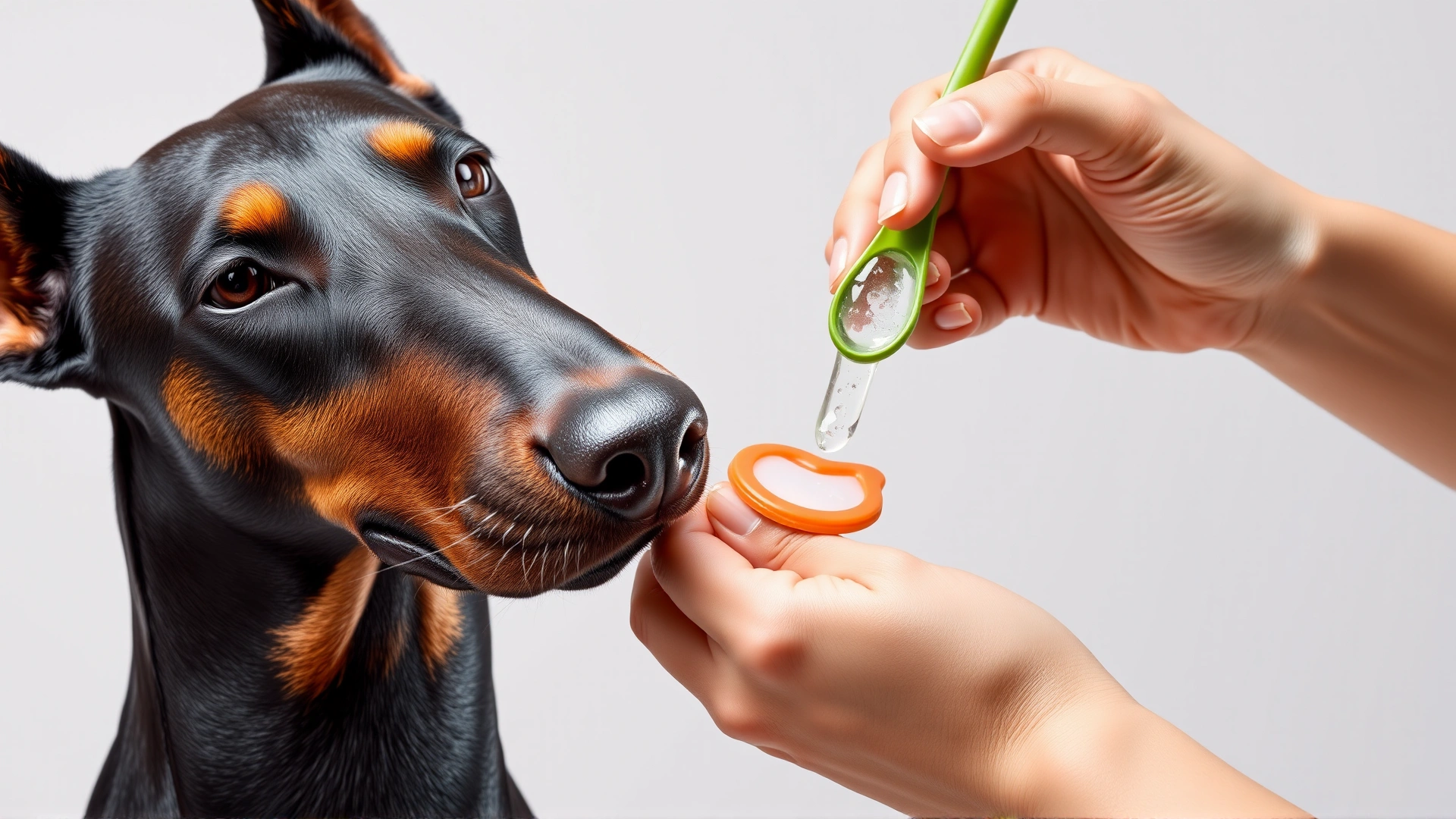 Fresh aloe vera leaf with clear gel being applied onto a Doberman's irritated skin spot, neutral studio background.