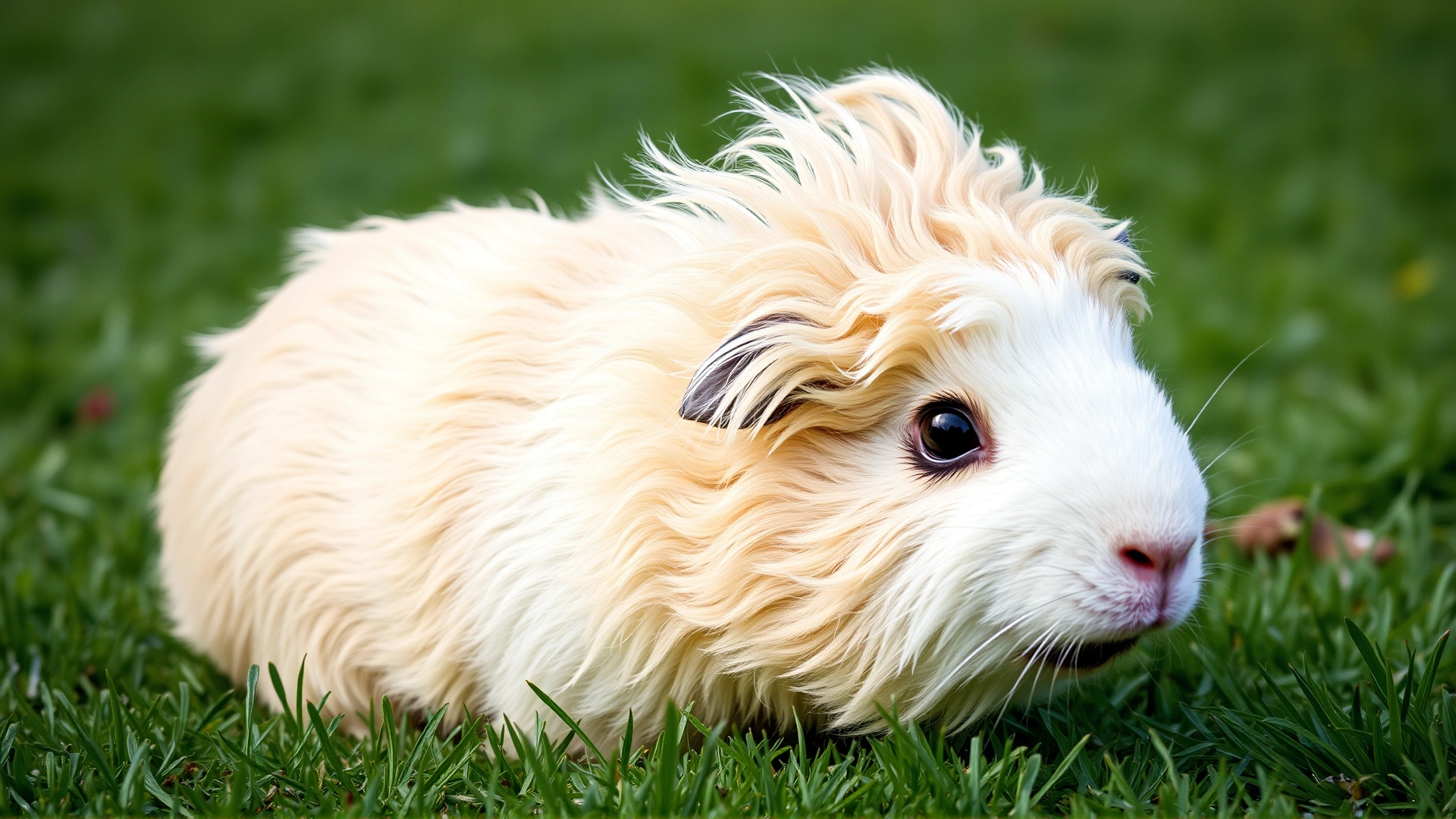Alpaca guinea pig with coarse wavy long hair growing forward, outdoors on a grassy lawn, no text