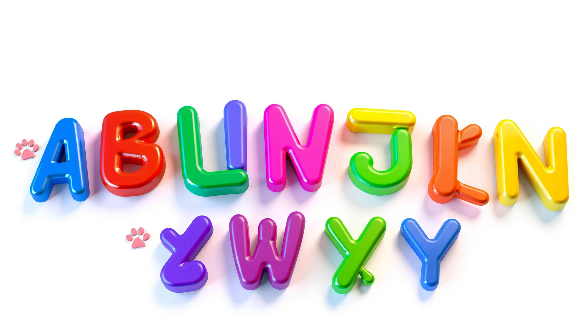 Illustration of colorful 3D alphabet letters A to Z arranged in a semi-circle with subtle paw prints around them on a white background.