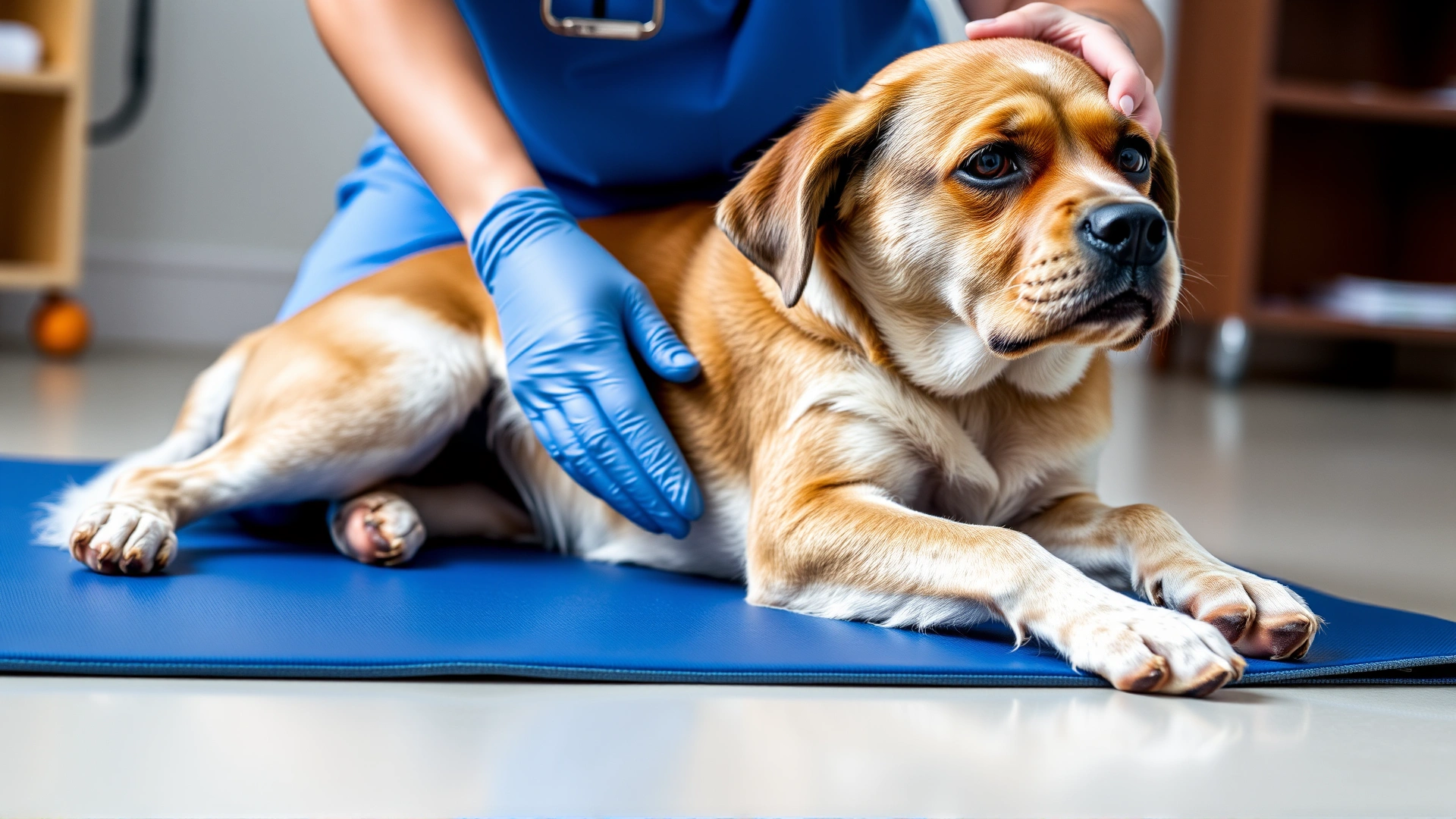 Canine physical therapist performing a gentle leg stretch on an older dog on a blue therapy mat.