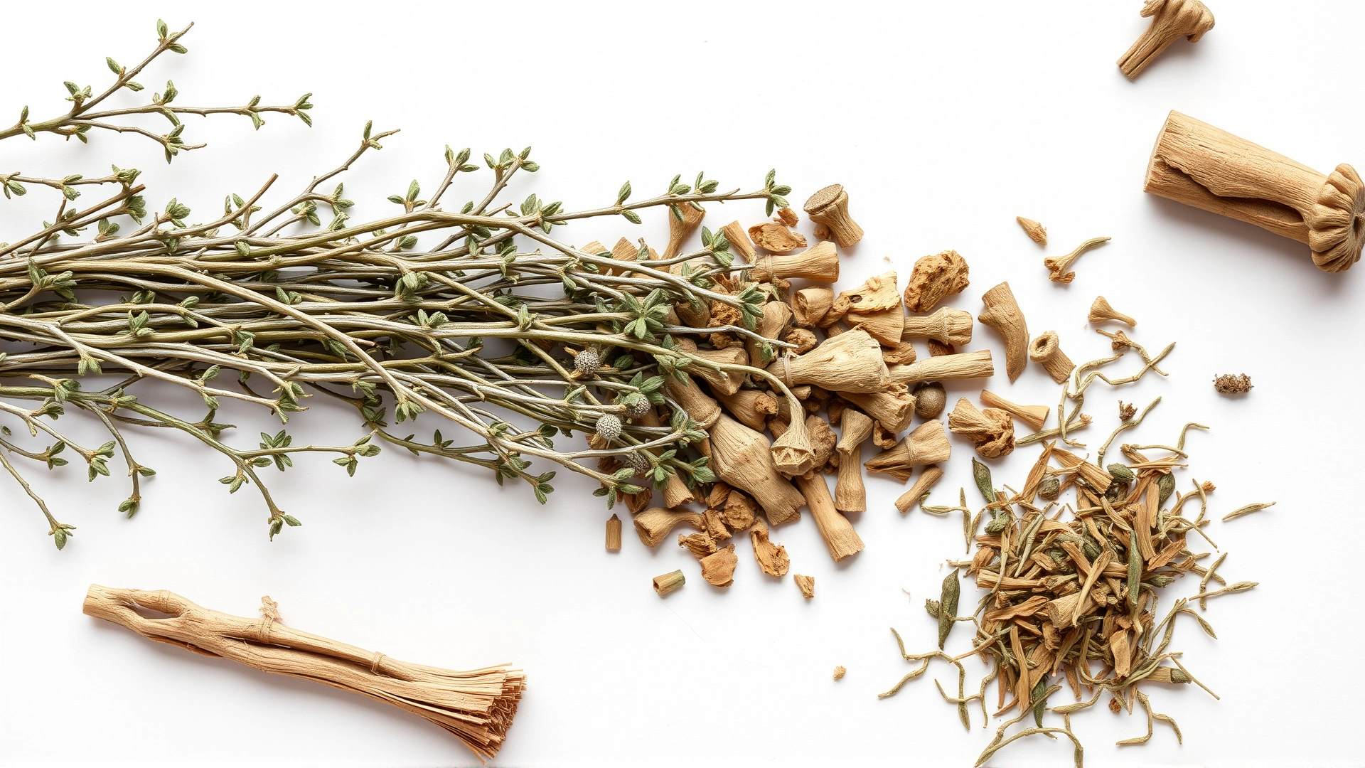 Collage-style top-down photo featuring silver vine sticks, valerian root pieces, and dried catnip arranged separately on a white background, high resolution, no text.