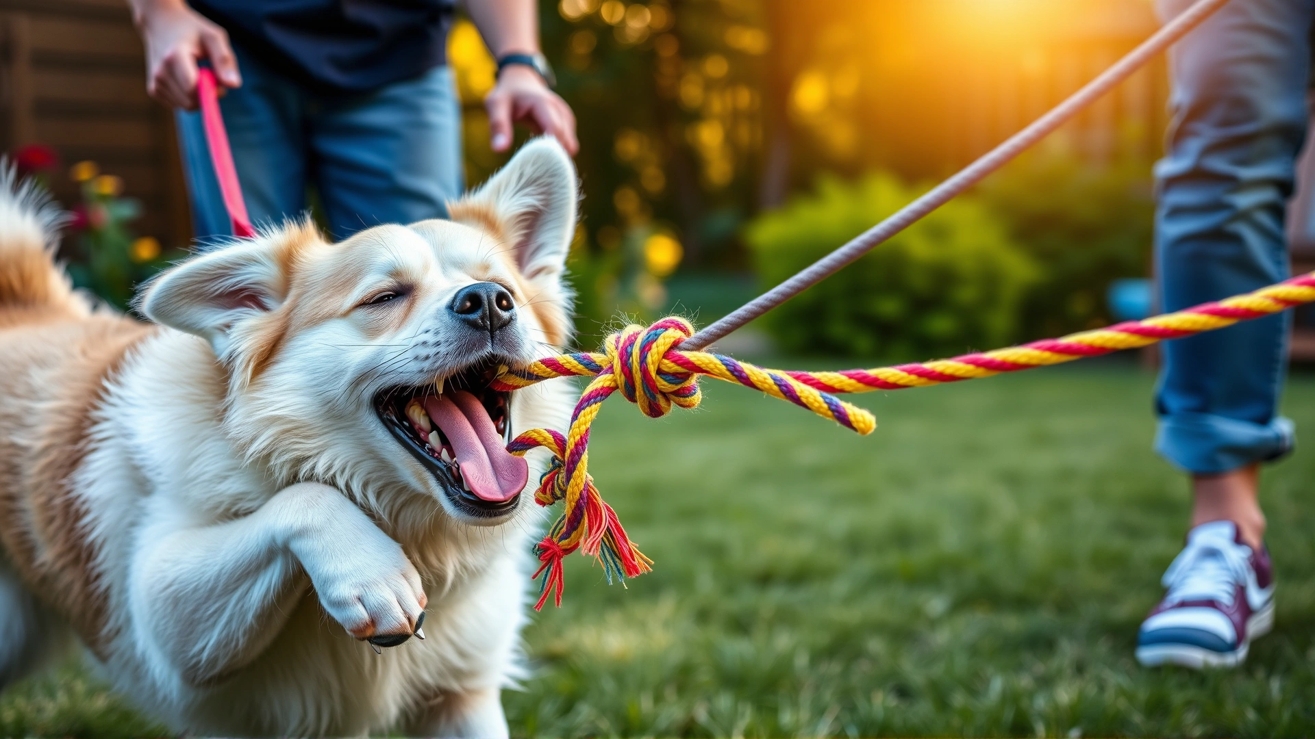 An energetic dog playing tug-of-war with its owner using a colorful rope toy in a sunny garden