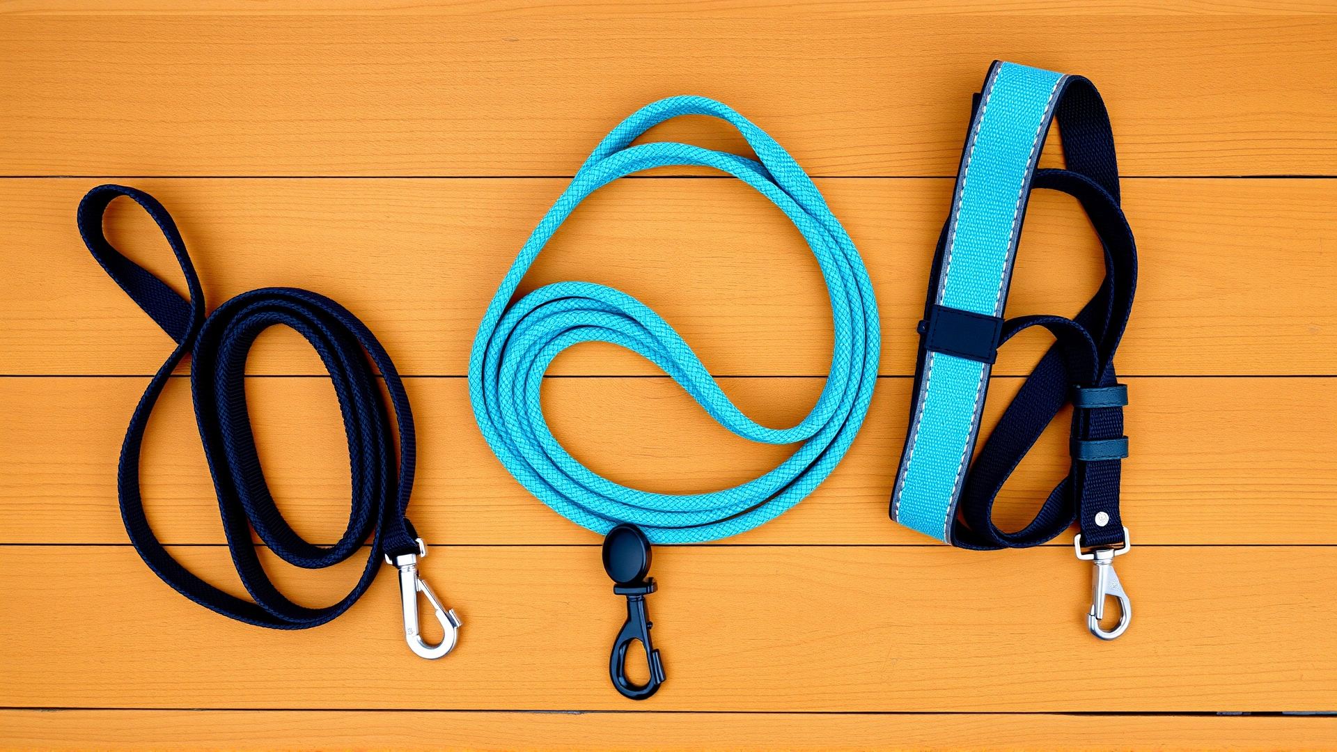 Side-by-side display of three different dog leashes (standard flat leash, long training line, and hands-free waist leash) laid neatly on a wooden surface, overhead view