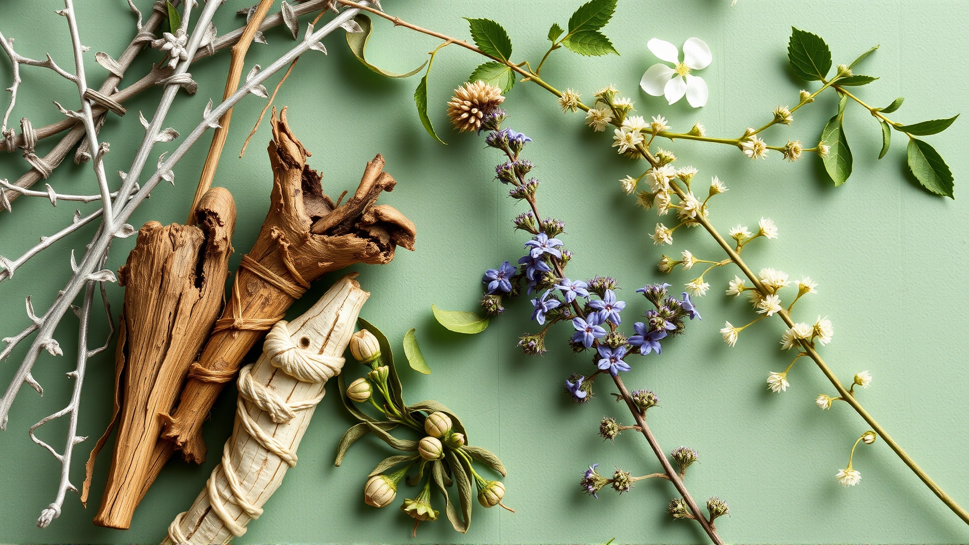 Top-down view of various feline-friendly herbs: silver vine sticks, valerian root, cat thyme, and honeysuckle branches.