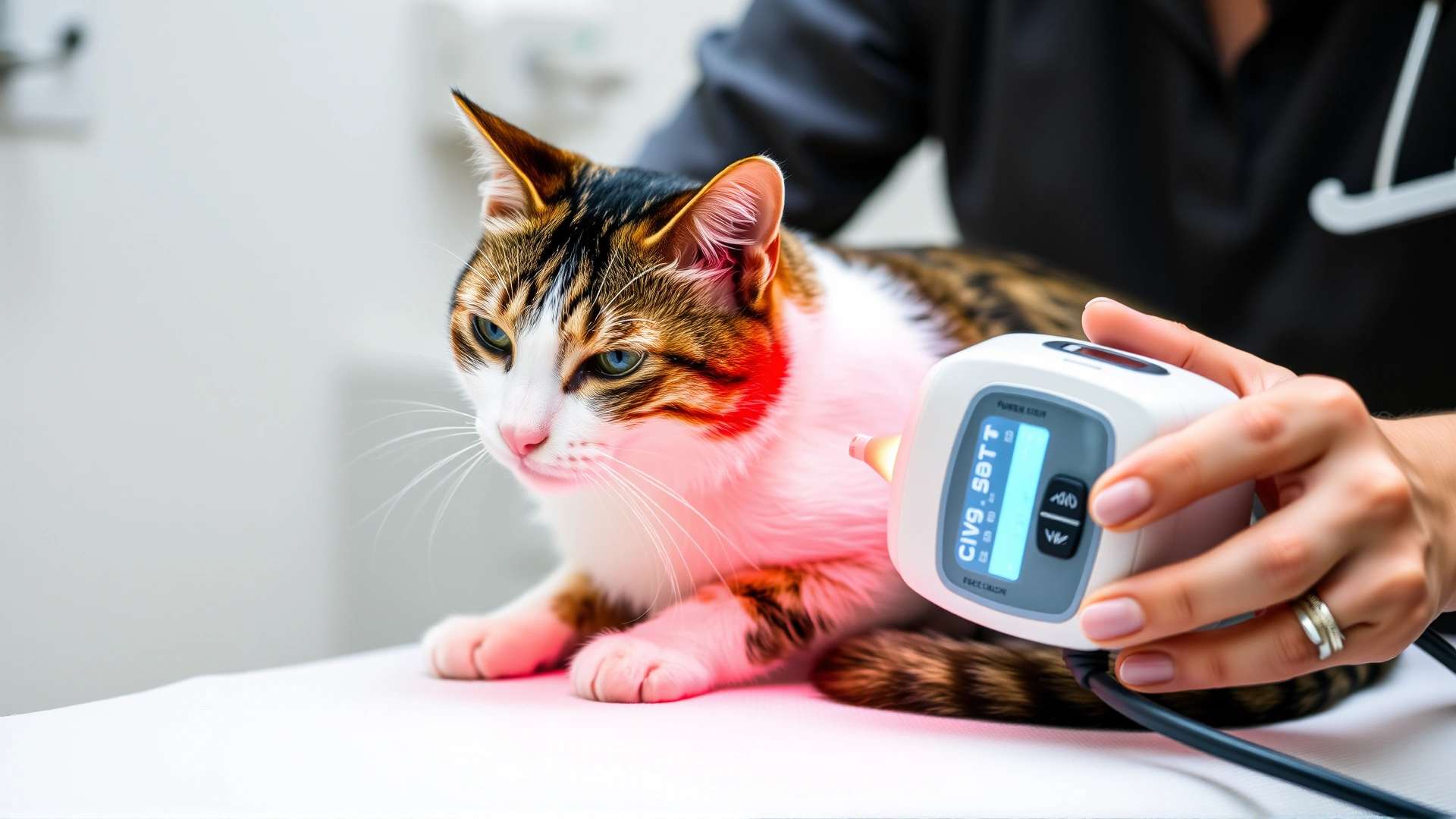 Cat receiving cold laser therapy on its hip at a veterinary clinic, laser device emitting soft red light, professional handling the equipment.