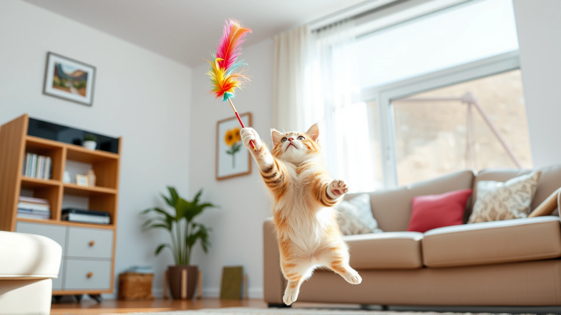 Person waving a colorful feather wand toy while a playful cat jumps to catch it in a bright living room, motion captured mid-air