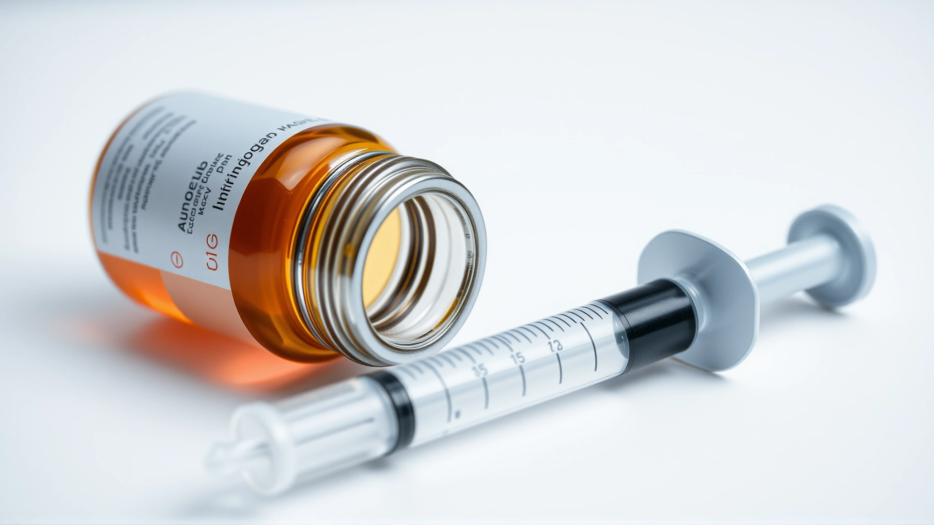 Close-up of an Aluminum Hydroxide suspension bottle and a dosing syringe on a white background