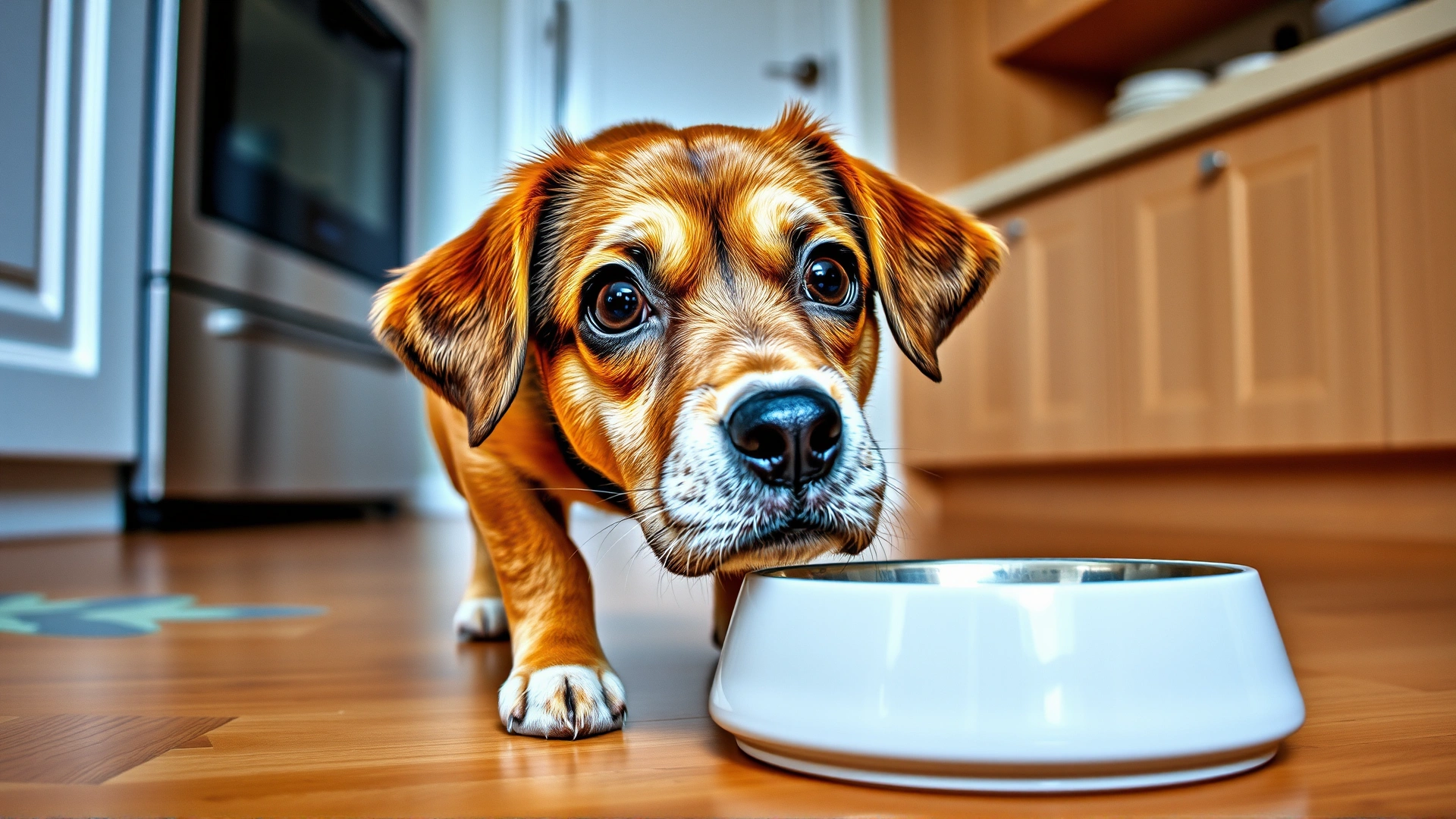 A curious dog with big eyes staring at an empty food bowl, kitchen floor setting