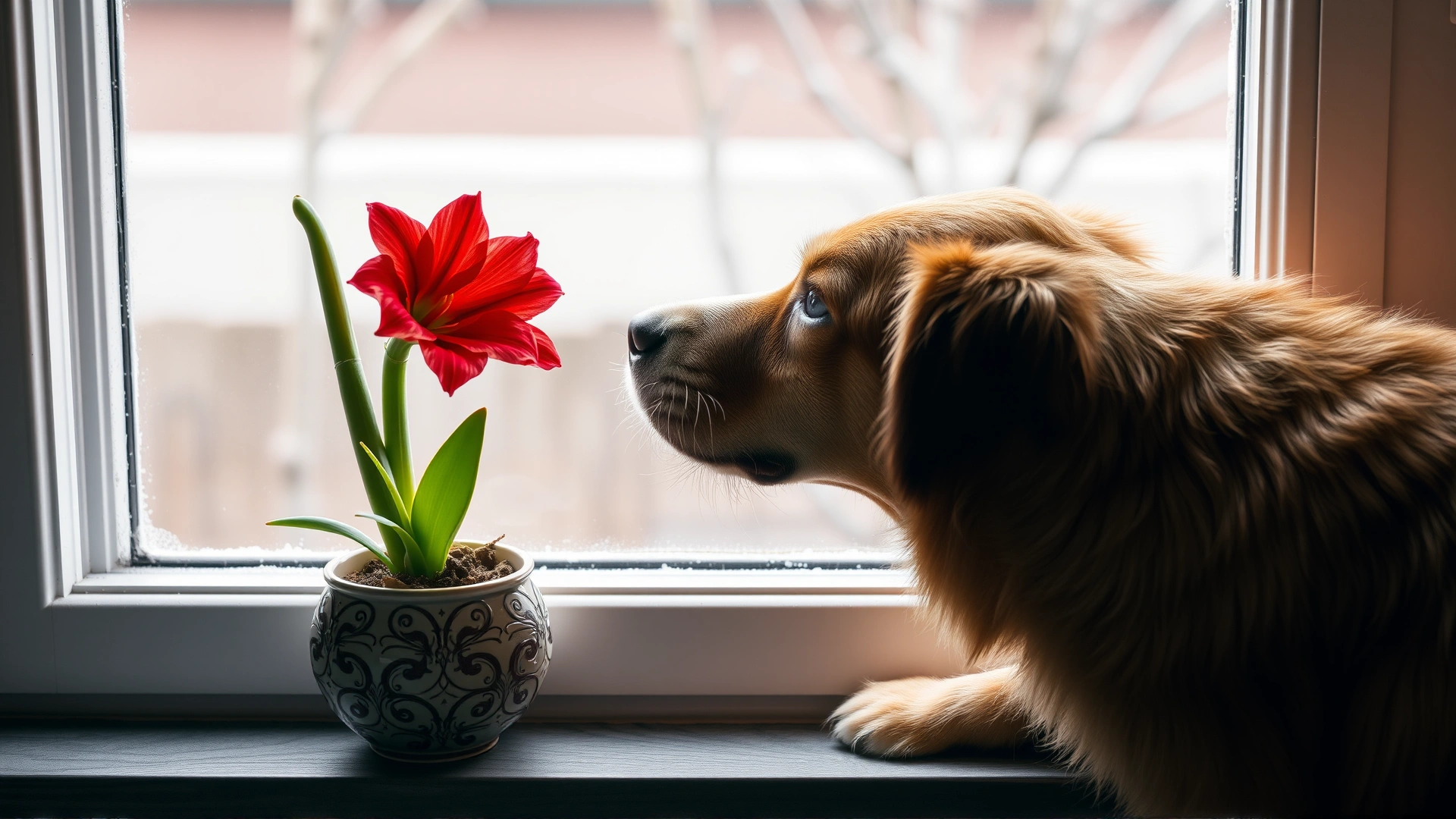 Blooming red amaryllis in a decorative pot on a windowsill, a curious dog gently sniffing it.