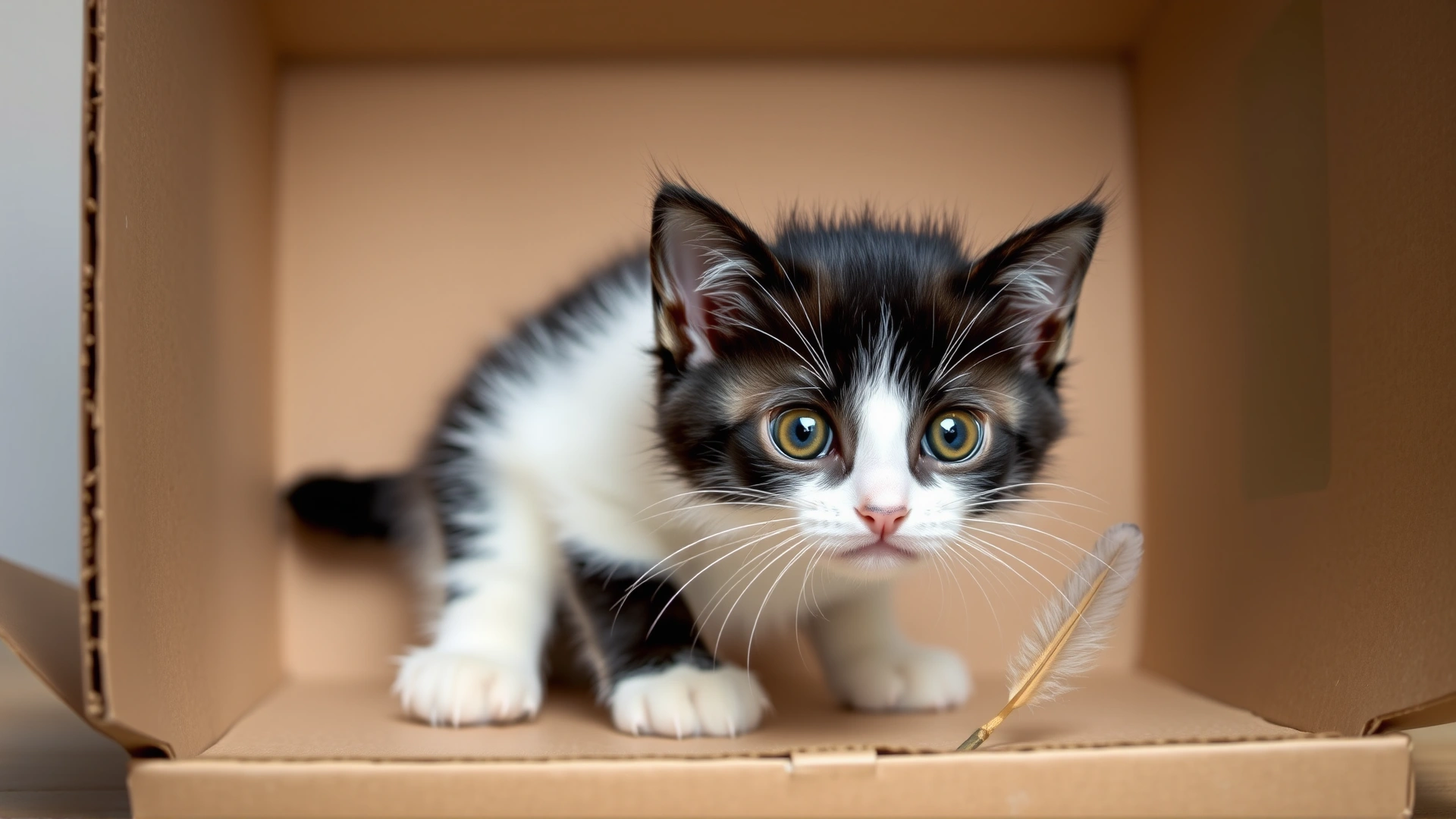 Playful black-and-white kitten crouched low inside a box, eyes wide and ears forward, about to pounce on a feather toy outside the box.