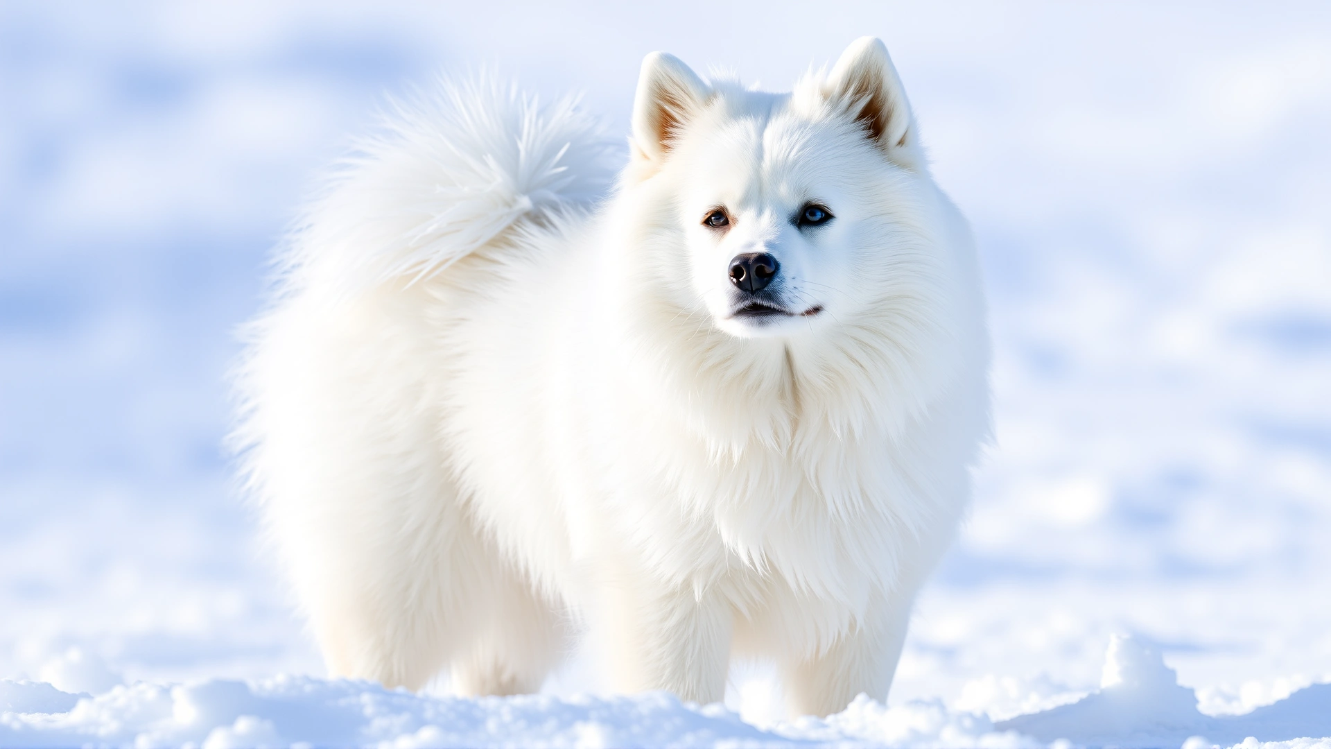 An American Eskimo Dog standing in the snow with its bright white coat contrasting the background.