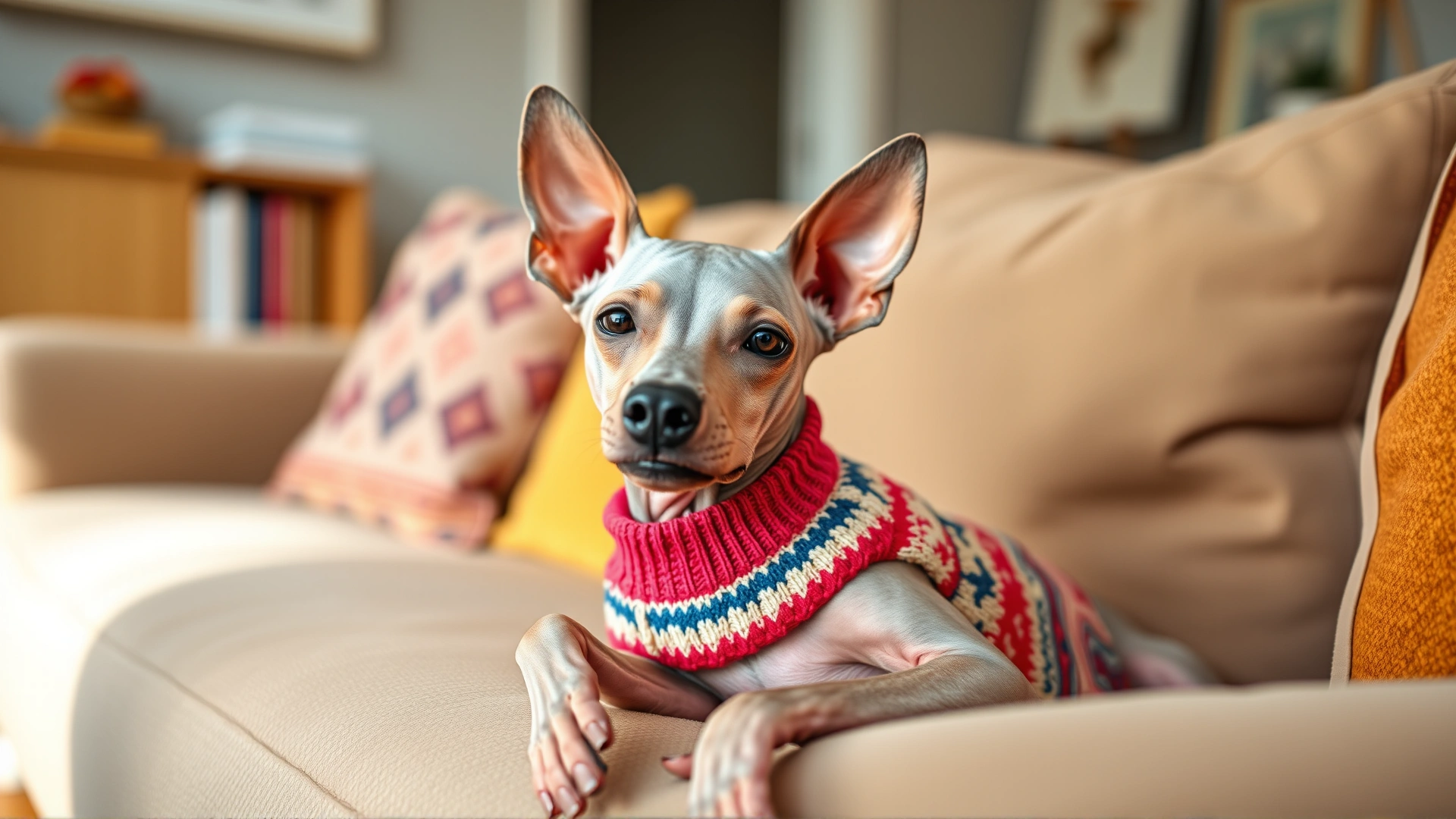 American Hairless Terrier relaxing on a comfy sofa wearing a colorful sweater, cozy living-room setting