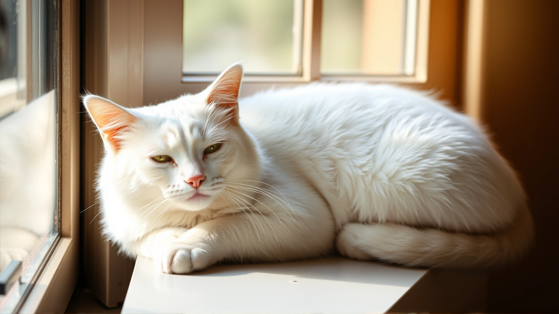 American Shorthair cat with pure white coat relaxing on a window sill, soft afternoon light, no text