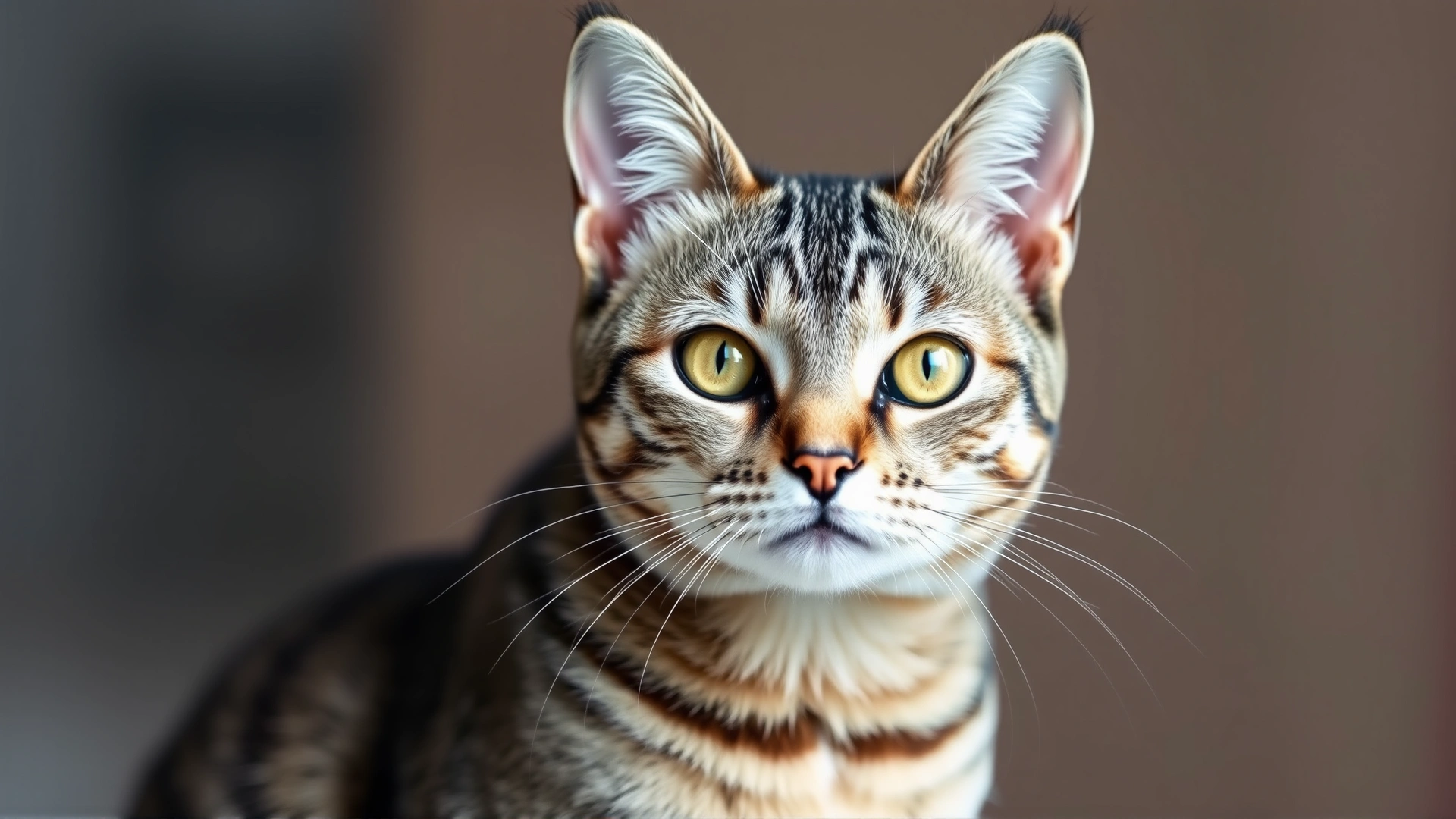 Close-up portrait of an American Shorthair cat with classic silver tabby pattern, sitting and looking alert, blurred background, no text.