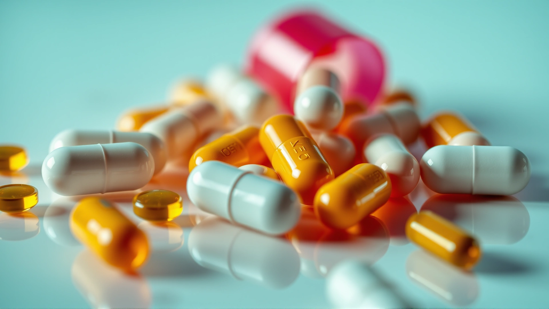 Close-up macro shot of scattered yellow and white amoxicillin capsules on a reflective surface, shallow depth of field