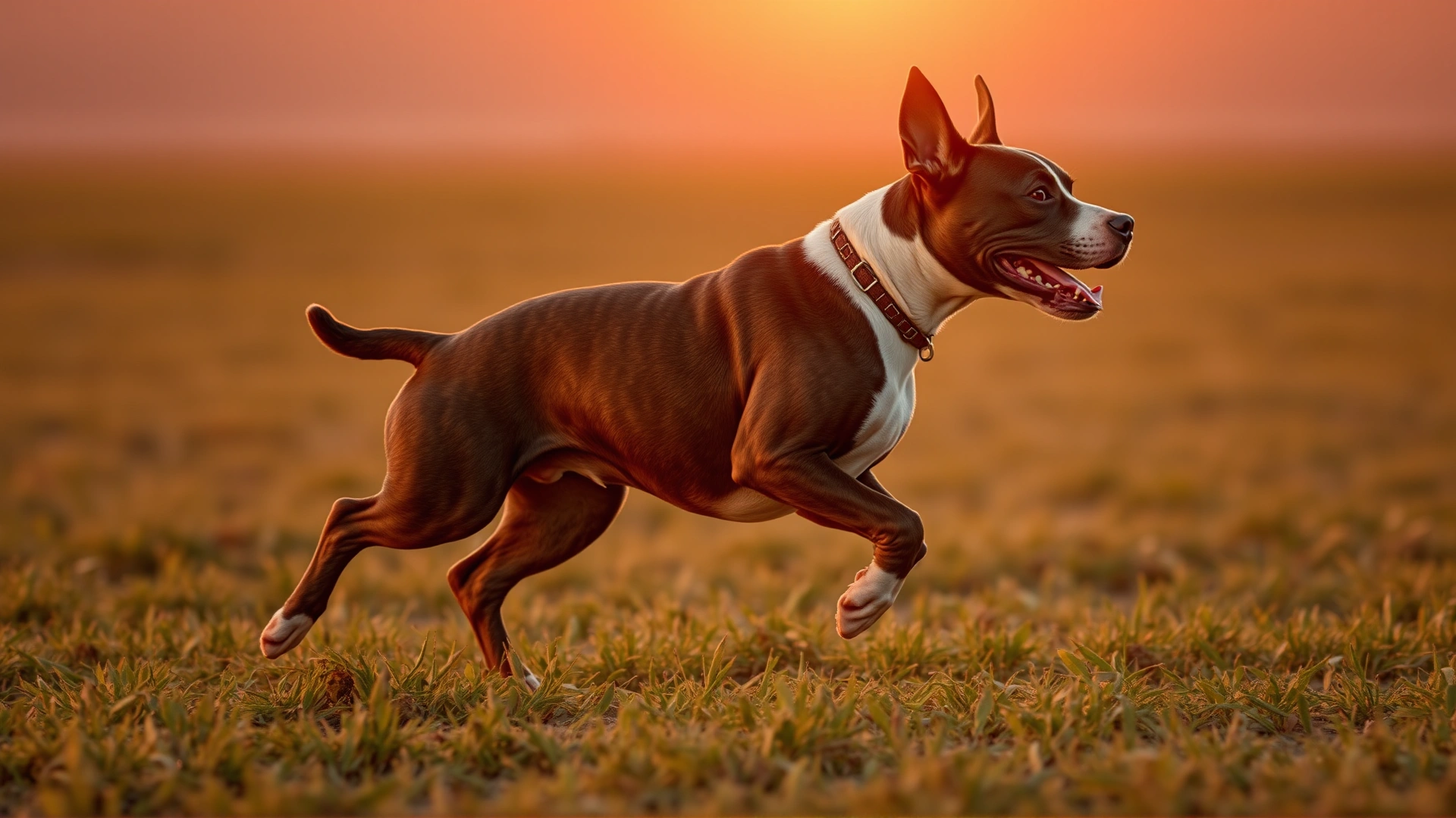 Muscular adult American Staffordshire Terrier running across an open field during golden hour