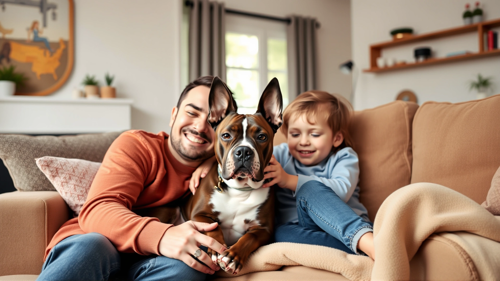 Happy family with two children cuddling with their American Staffordshire Terrier in the living room
