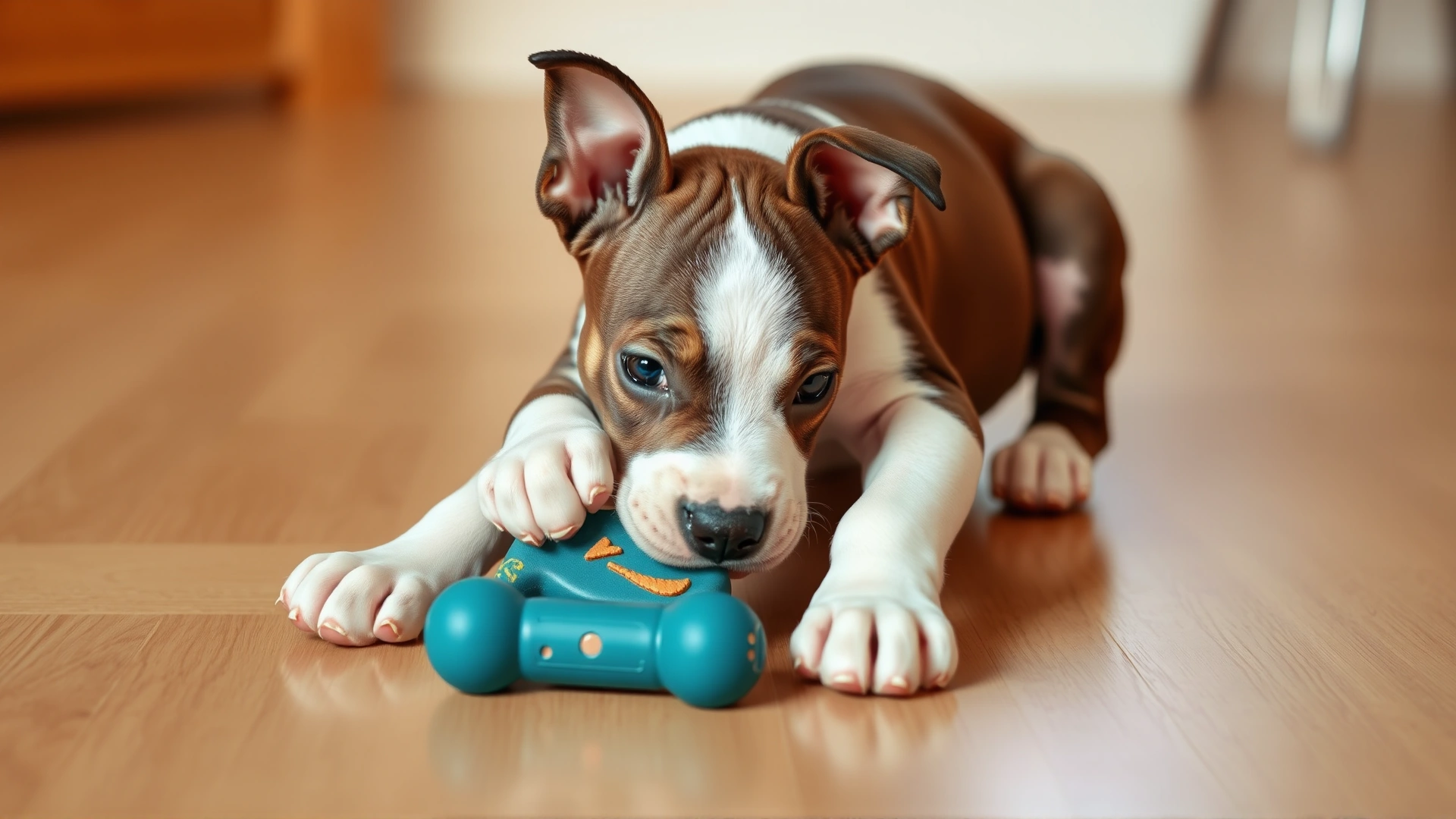 Cute American Staffordshire Terrier puppy playing with a chew toy on a hardwood floor
