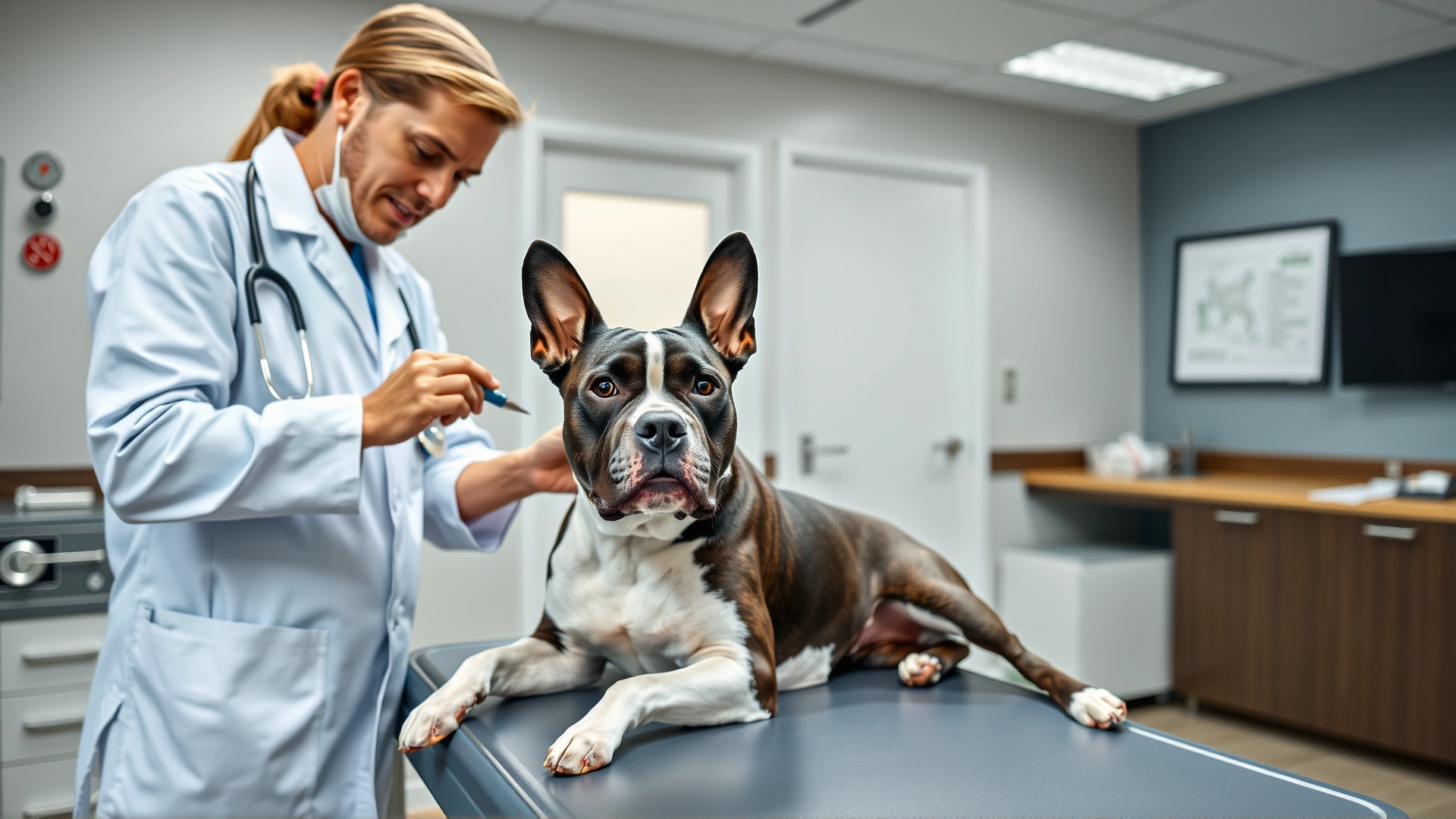 Veterinarian examining an American Staffordshire Terrier on an examination table in a modern clinic
