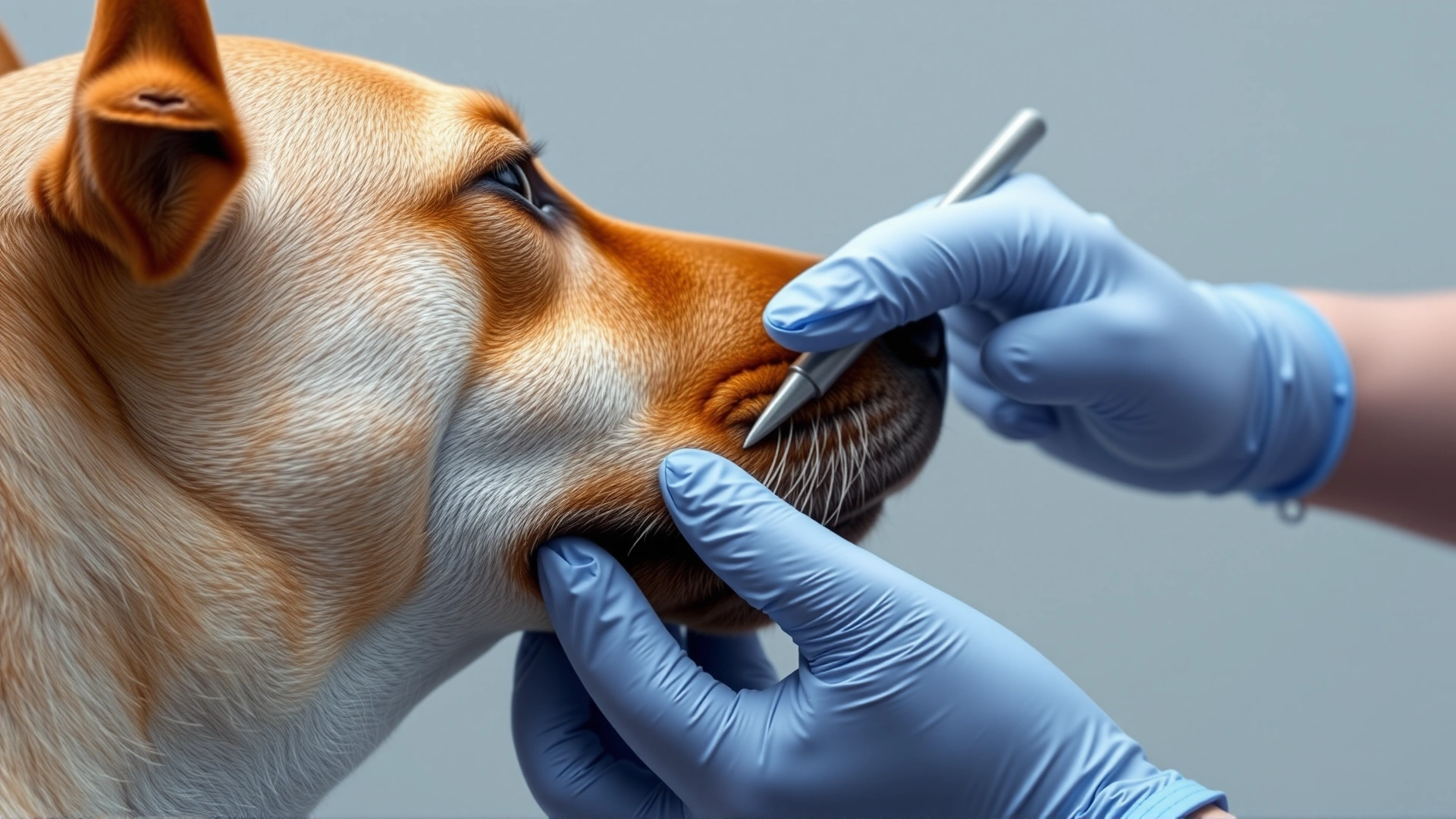 Side view of a veterinarian gently expressing a dog's anal glands, gloved hand visible, dog is calm and cooperative.