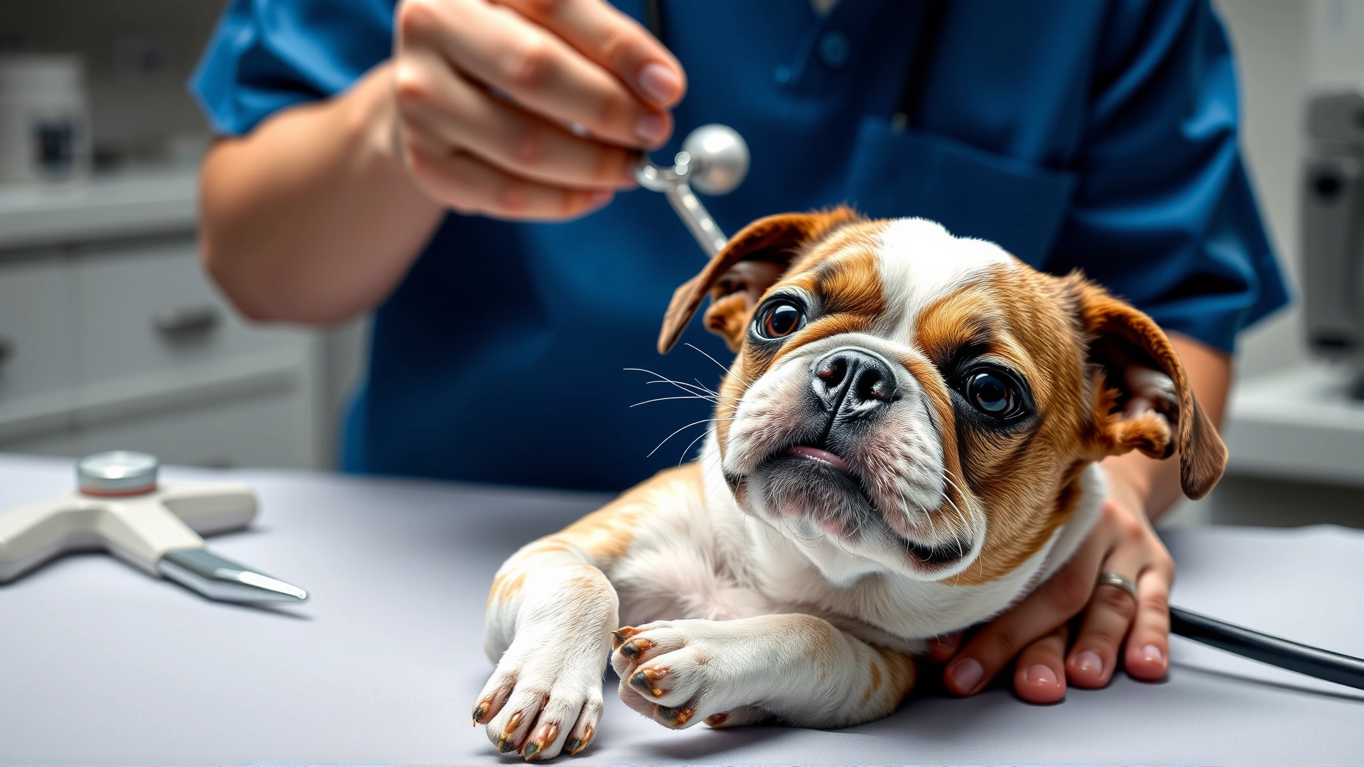 Professional veterinarian expressing a small dog’s anal glands on an examination table (no graphic detail)