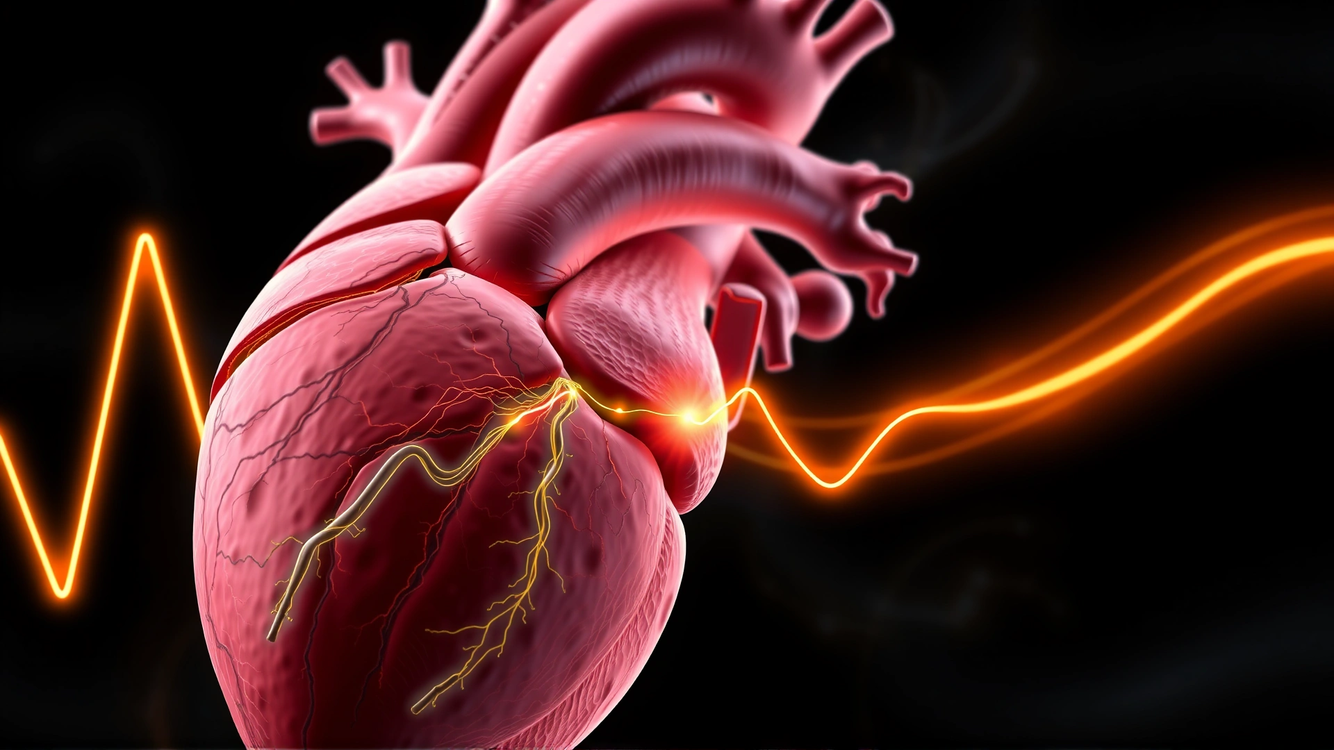 Digital illustration of a cat heart with highlighted electrical conduction pathways, focusing on the left bundle branch, medical infographic style, no text