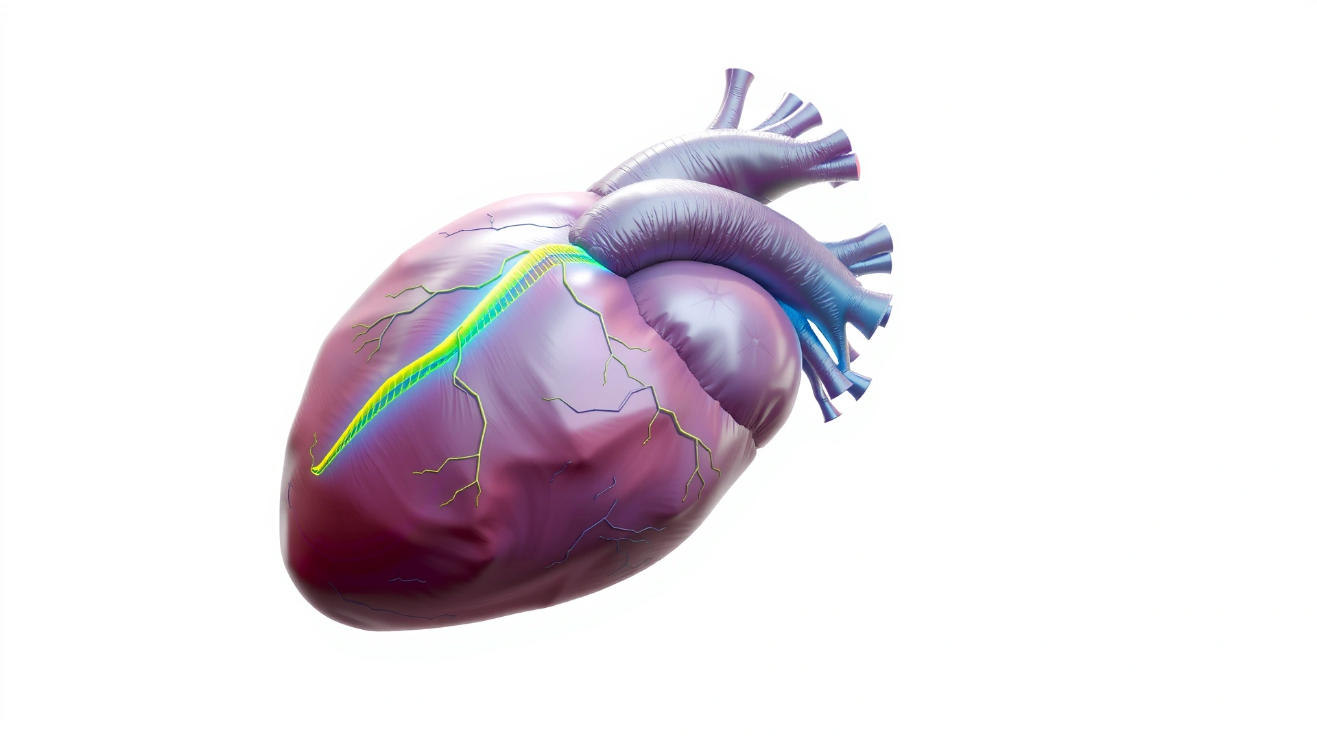 Detailed 3D illustration of a cat heart highlighting the conduction pathways without any text, neutral white background