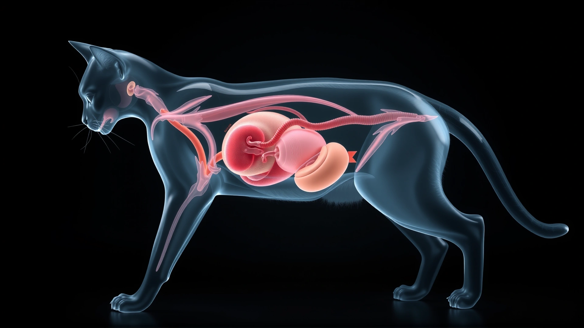 Digital rendering of a translucent cat silhouette showing internal male reproductive organs, with one undescended testicle near the kidney; no text