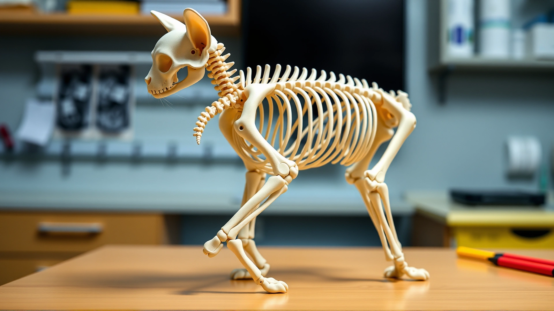 Illustrative photo of a cat skeleton model focusing on the hind leg knee joint (patella) displayed on a veterinary desk.