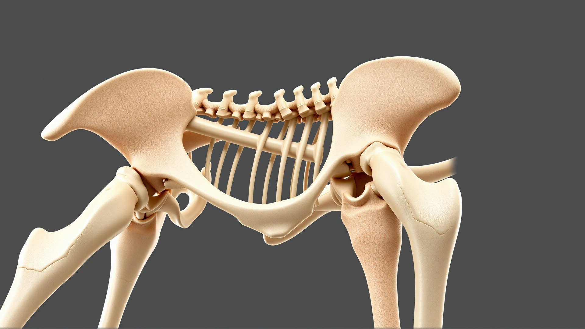 Close-up 3D render of a healthy canine pelvis and femur next to a dysplastic hip joint, no text labels, neutral background.