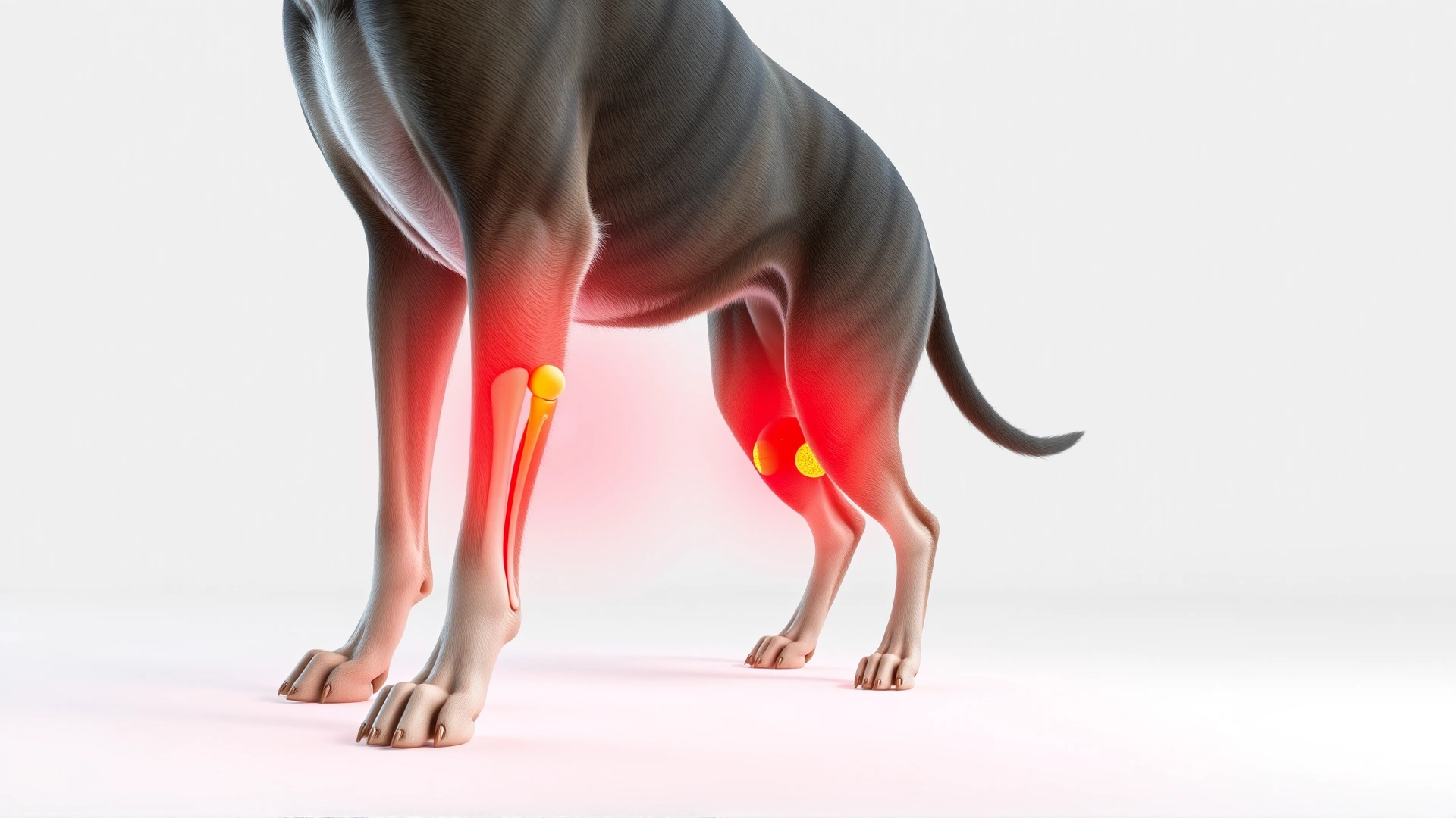 High-quality 3D render showing a healthy canine knee joint next to an inflamed red swollen joint on a plain white background, no text