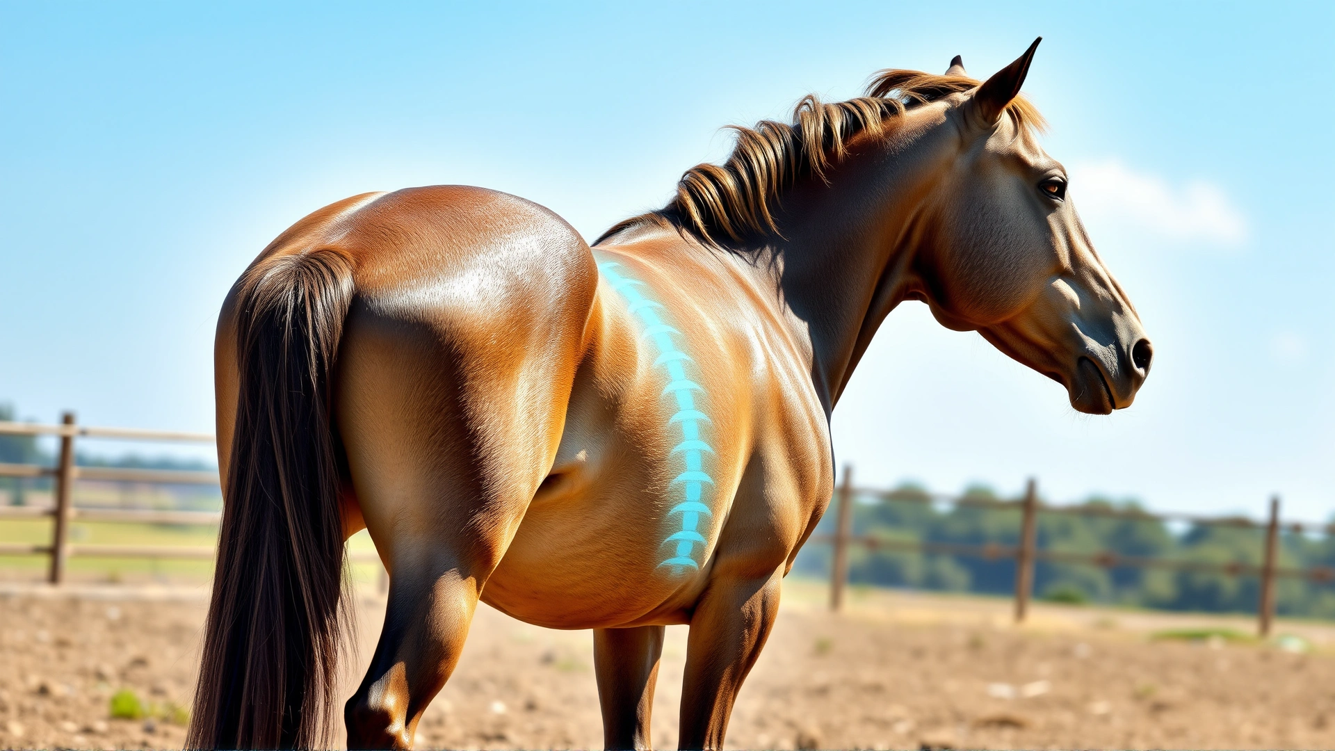 Illustrative but photograph-style image of a horse standing still with semi-transparent overlay highlighting the spine and back muscles, natural paddock background