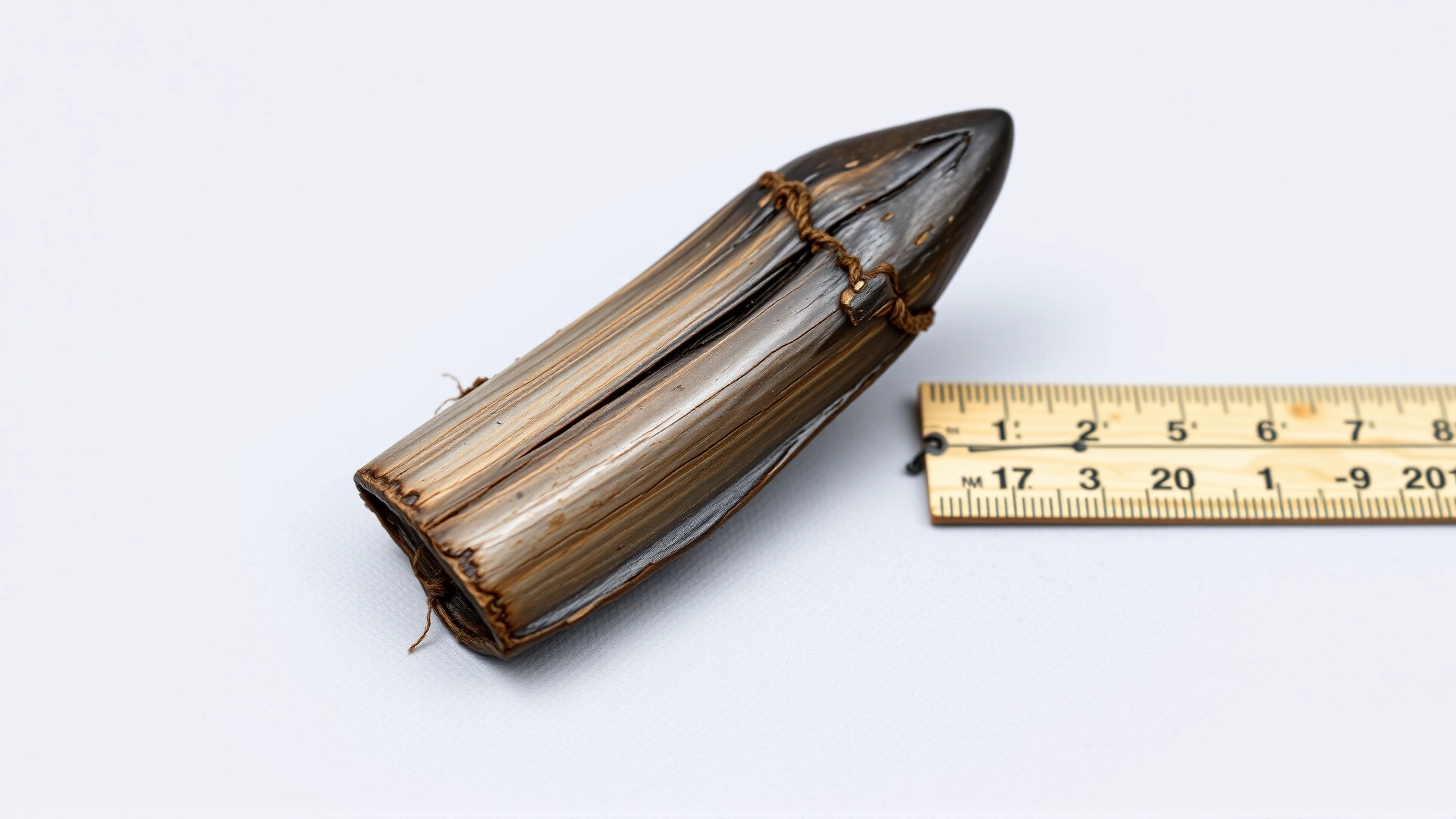 Macro photograph of an extracted equine wolf tooth placed next to a ruler for scale on a neutral background, no text.