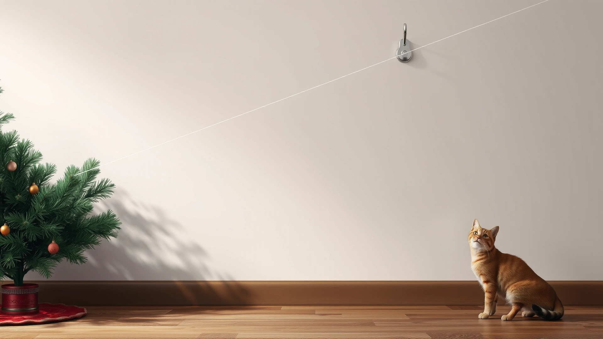 Illustrative photo showing a Christmas tree securely tied with transparent fishing line to a wall hook, with a cat looking up from the floor.