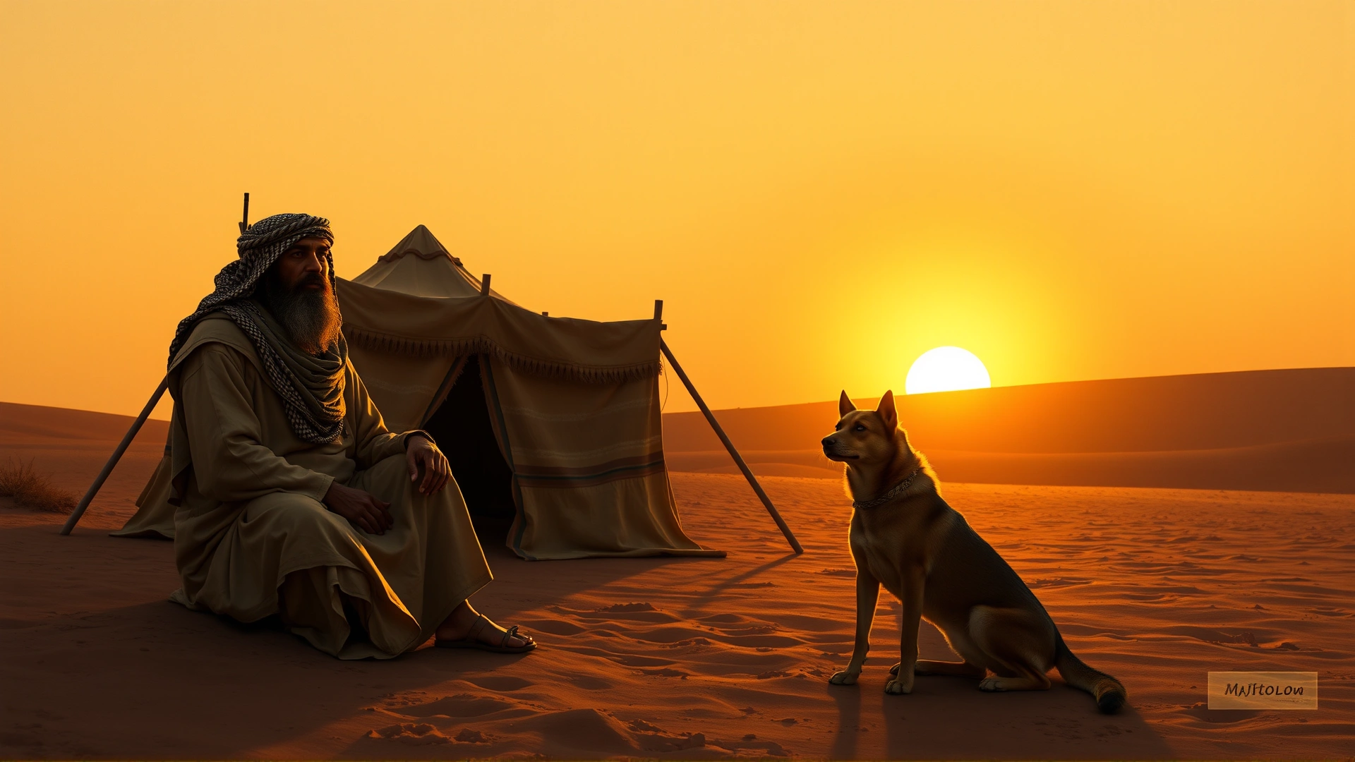 Historical illustration: Bedouin shepherd sitting beside a Canaan Dog near a traditional desert tent at sunset, warm sepia tones