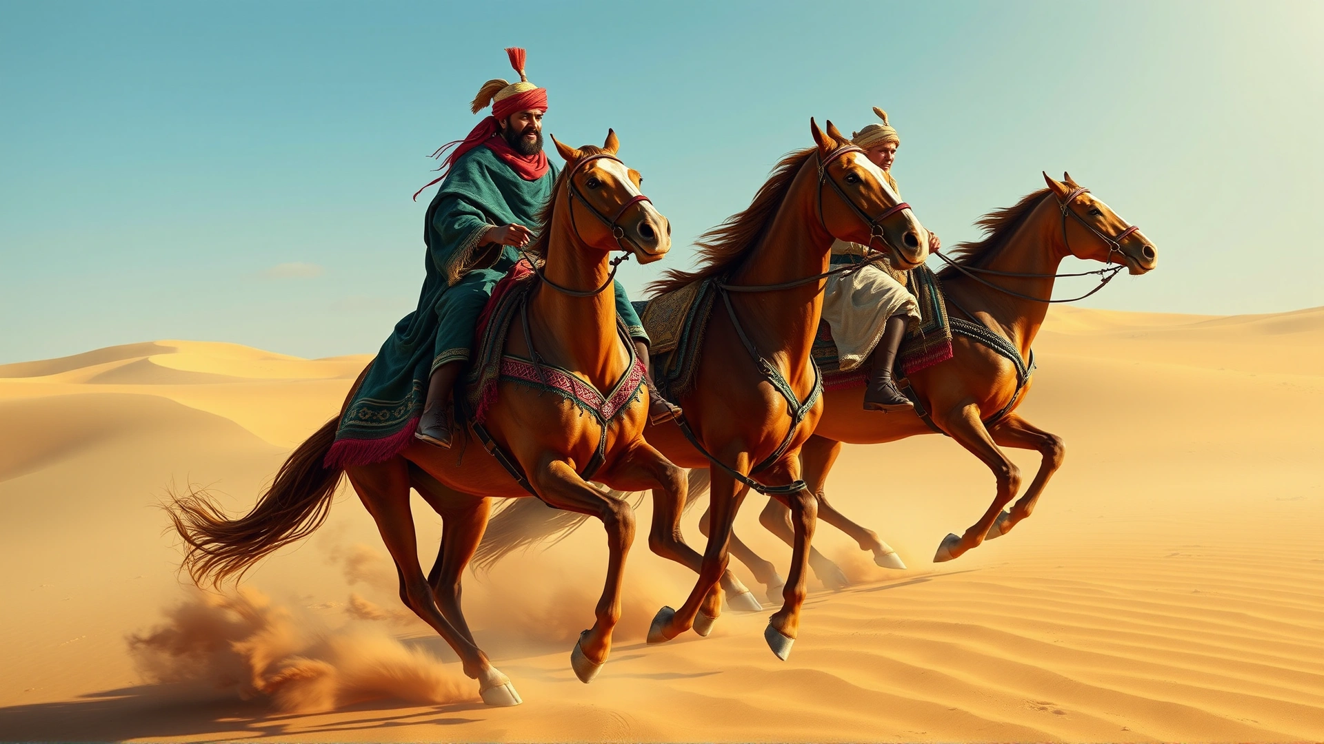 Artistic depiction of ancient Turkmen horsemen riding Akhal-Teke horses along the Silk Road dunes, no text