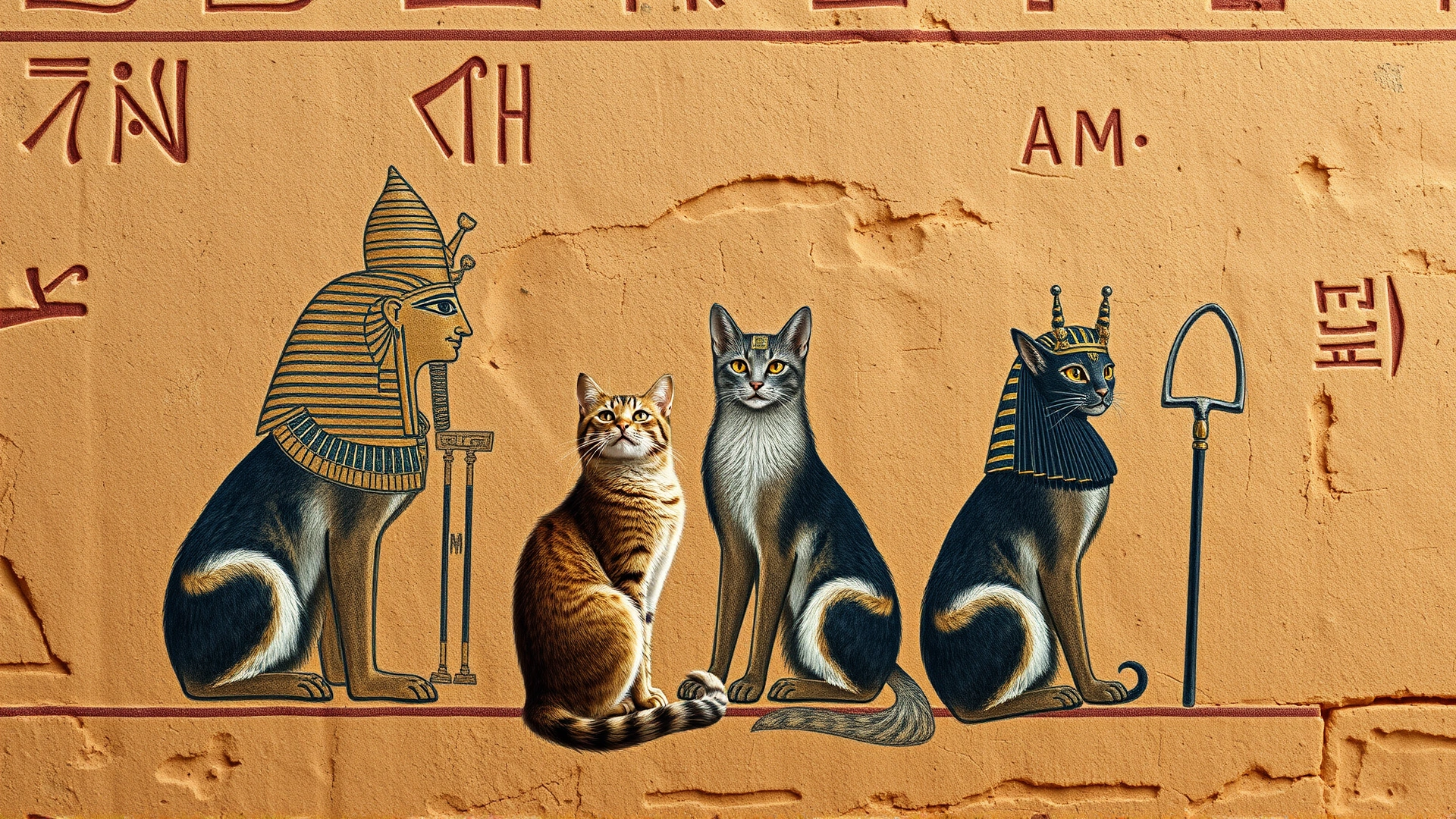 Ancient Egyptian wall painting scene featuring cats sitting beside pharaohs, sandstone texture, warm tones, no visible text.