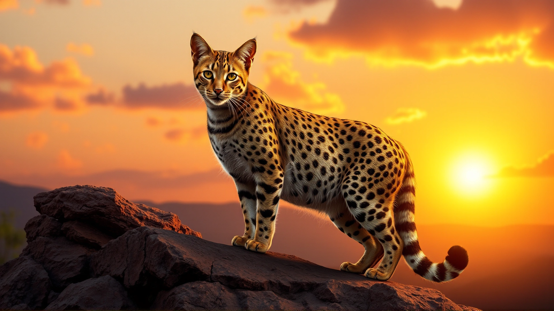 An artistic depiction of an African wildcat standing on a rocky outcrop at sunset, representing the ancestral roots of domestic cats. No text in image.